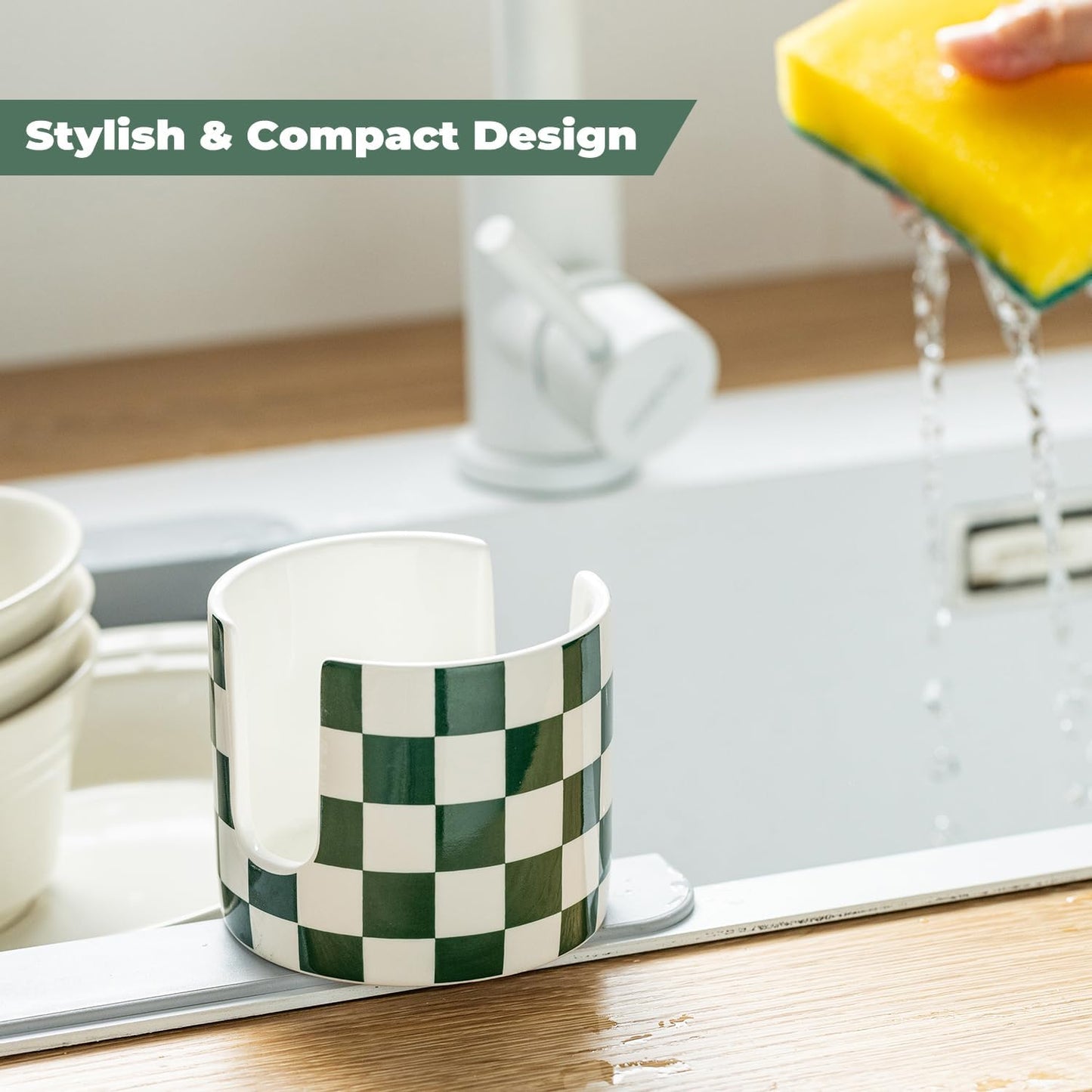 Ceramic Kitchen Sponge Holder, Dish Sponge Holder Suitable for Scrubby Farmhouse Dish Rack Brush Holder for Bathroom, Kitchen, Sink, Green and White