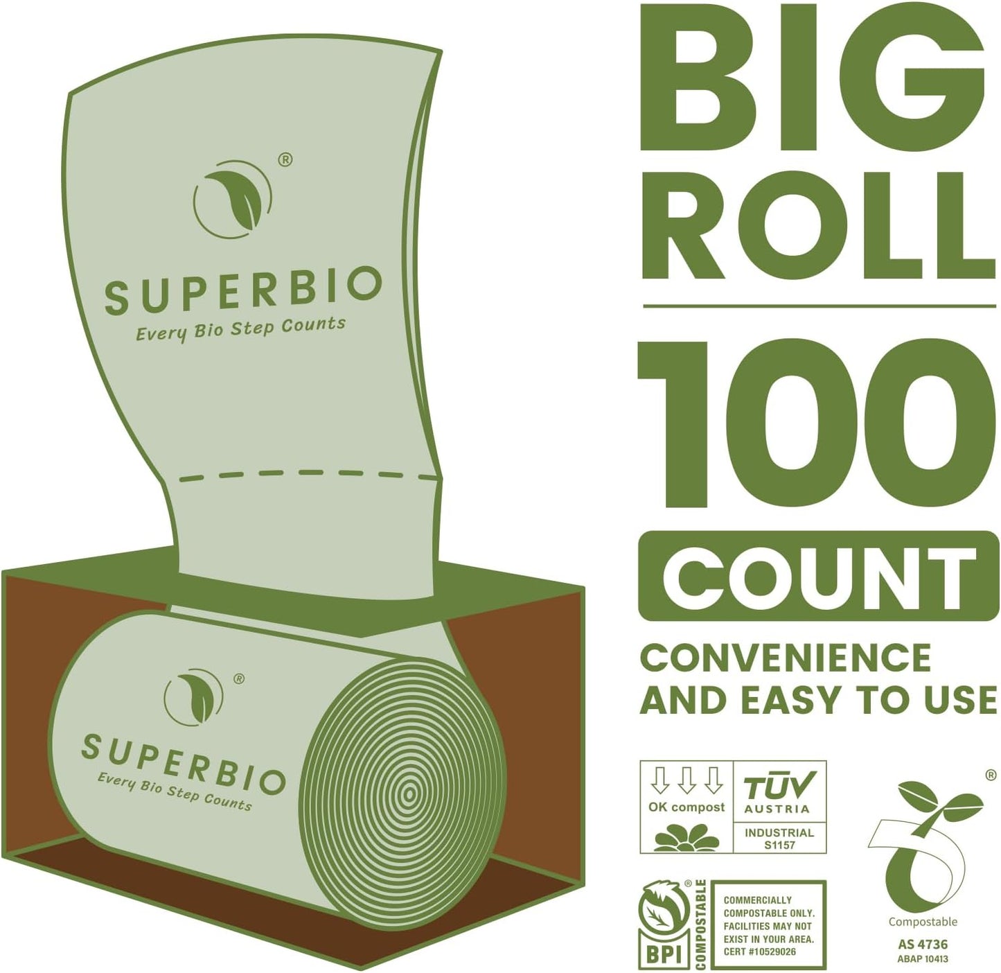 SUPERBIO 2.6 Gallon Flat Top Compostable Food Waste Bags, 100 Count, 2 Pack,9.84L, Food Scrap Bags, BPI Certified and OK compost INDUSTRIAL
