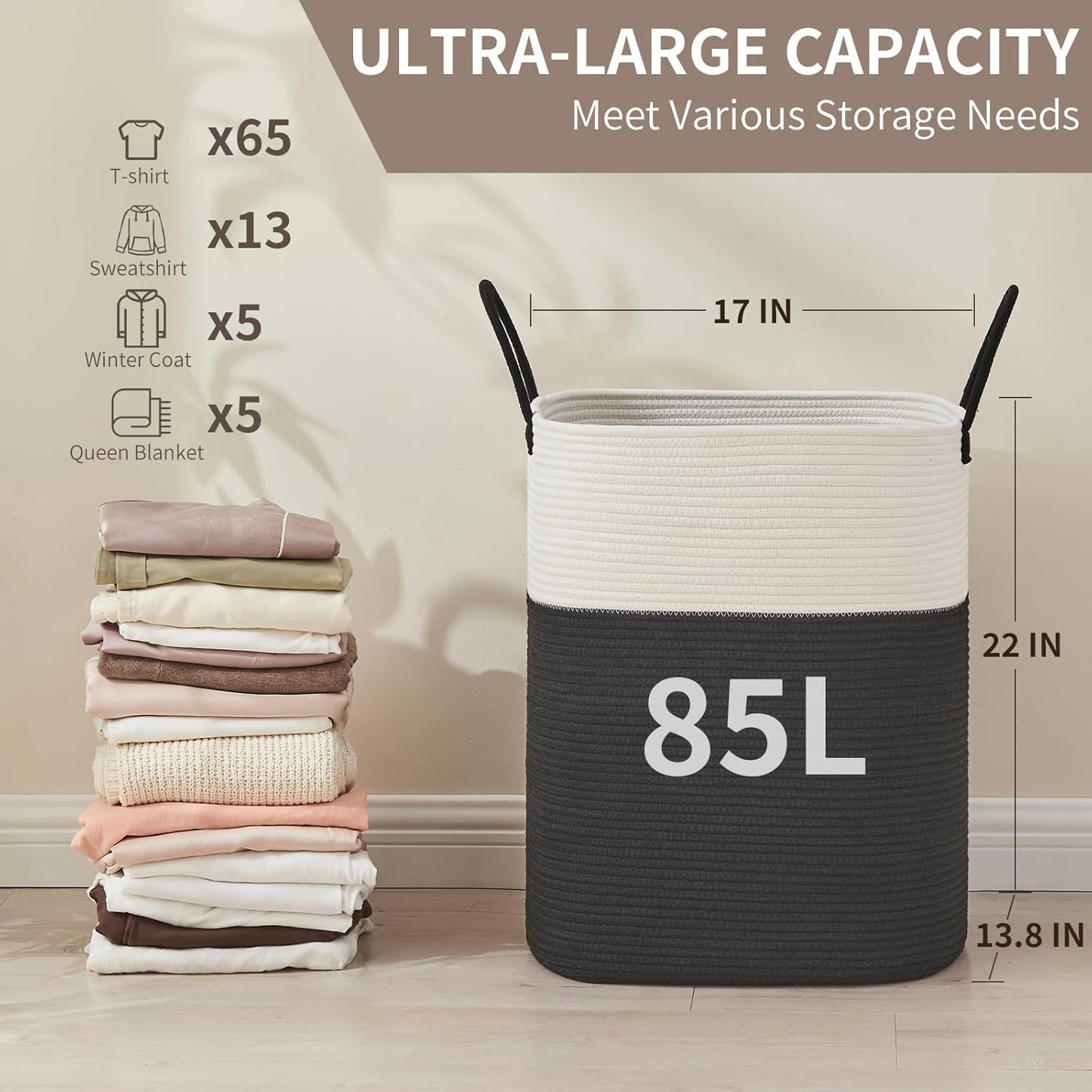 Laundry Basket with Handles - Blanket Basket & Hampers for Bedroom Aesthetic, Laundry Hamper & Blanket Storage for Living Room, Clothes Hamper, Tall, Large 17" x 14" x 25”, White & Black