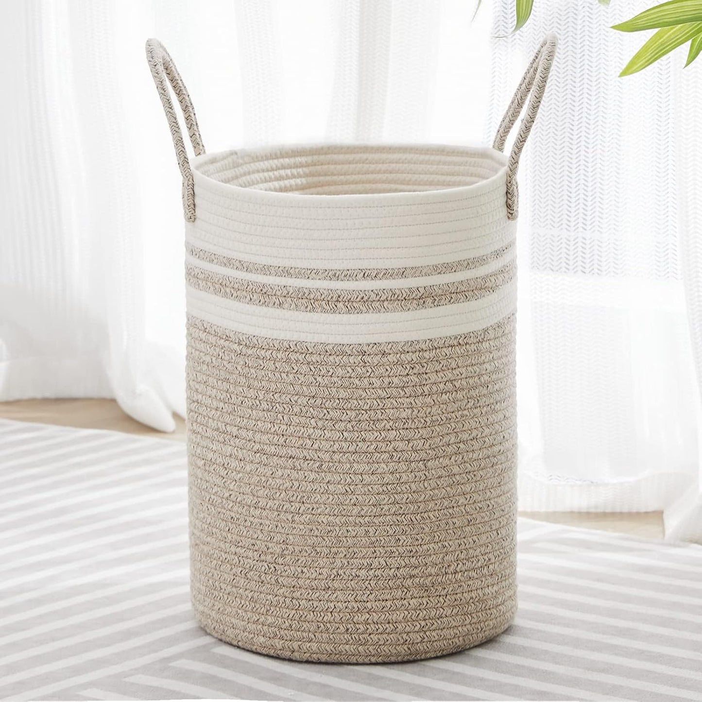 VIPOSCO Tall Laundry Hamper, Woven Rope Storage Basket for Blanket, Toys, Dirty Clothes in Living Room, Bathroom, Bedroom - 30L Brown & White