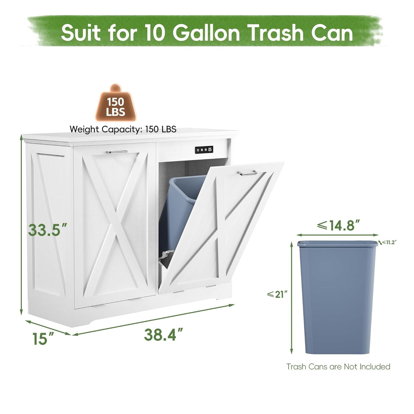 Betterhood Tilt Out Trash Can Cabinet, Hidden Trash Bin with Deodorizing & Negative Ion System, Pet-Proof Kitchen Waste Cabinet for Kitchen, Dining Room, Living Room (White, 2 * 10 Gallons)