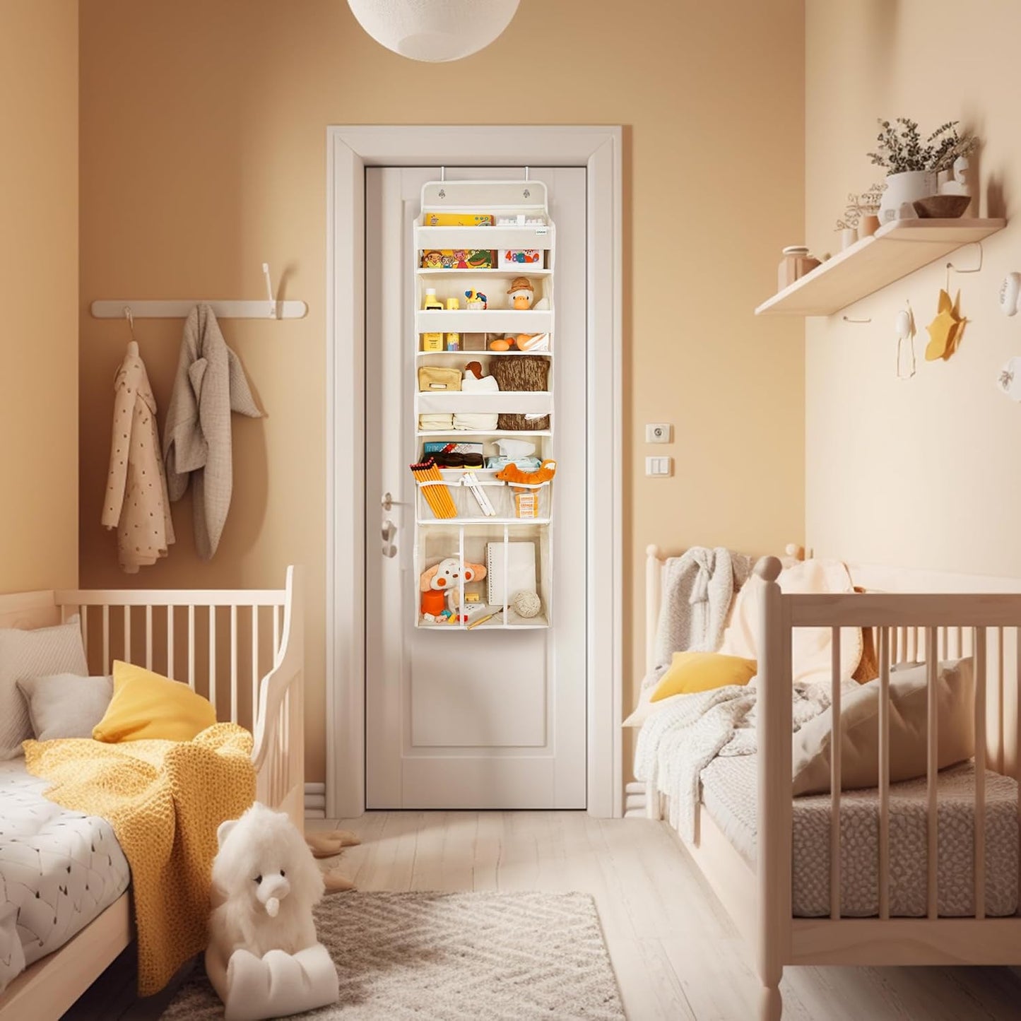 Door Hanging Storage Organizer,with 3 Bins 1 Movable Baby Diaper Caddy,1 Large capacity diaper stacking storage Organizer,10 Side Pockets ,Bedroom Door Storage for Nursery Baby Essentials. (Beige)