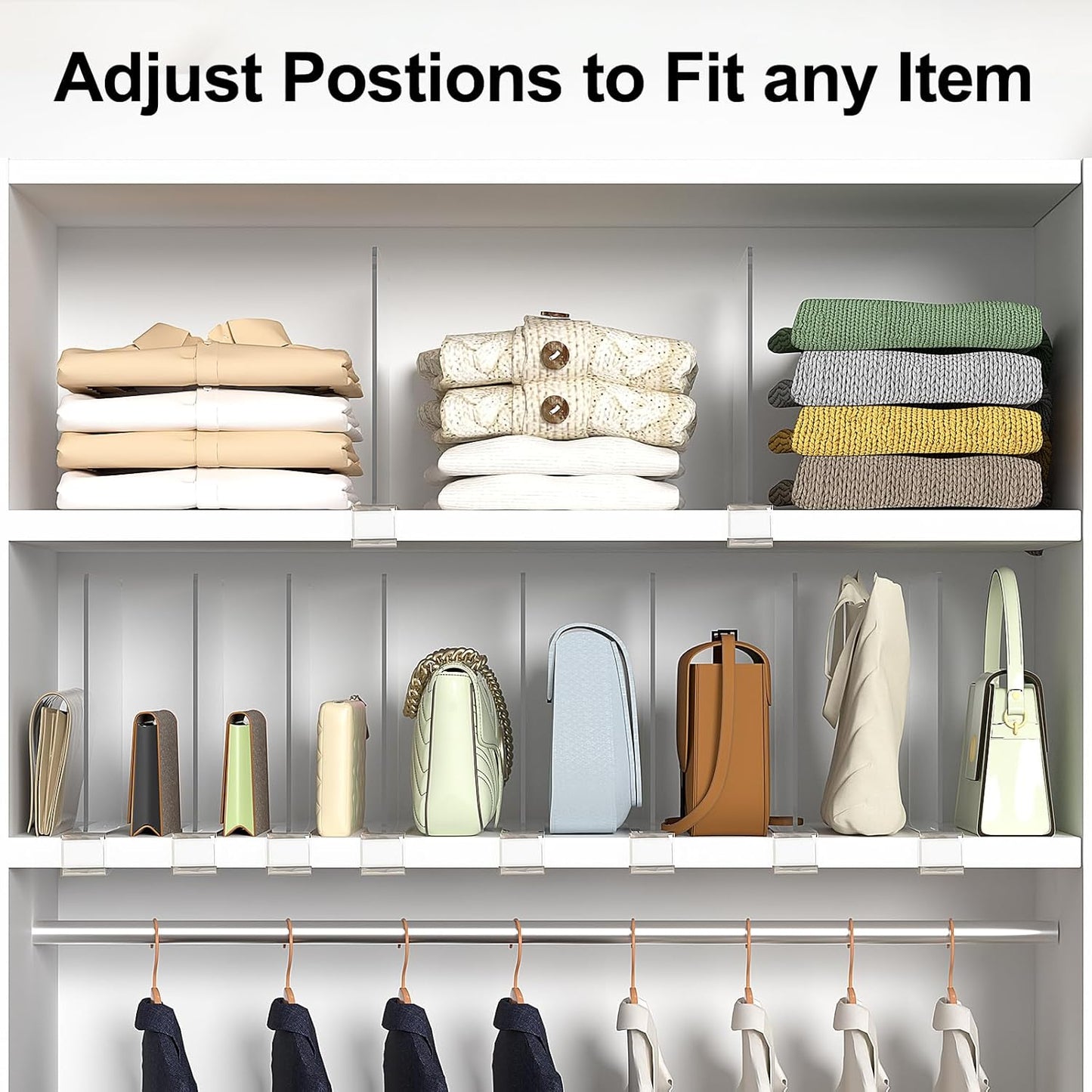 Shelf Dividers Purse Organizer for Closet: 6-Pack Acrylic Bag Storage Organizer for Handbags, Clutches, Clothes, Sweater, Towel on Wood Shelves