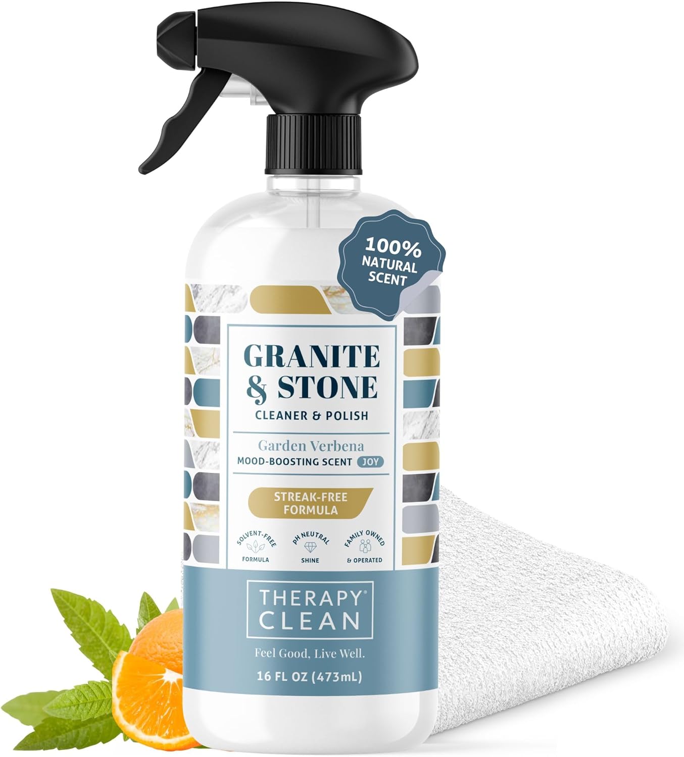 Therapy Granite Cleaner Kit with Microfiber - Daily Countertop Cleaner for Stone, Granite, Marble, Soapstone, Quartz, Quartzite, Slate, Headstone, Limestone, Corian, Laminate, and Tile