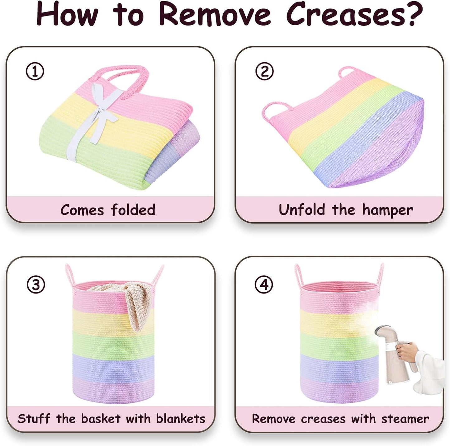 VIPOSCO Large Laundry Hamper, Tall Woven Rope Storage Basket for Blanket, Toys, Dirty Clothes in Living Room, Bathroom, Bedroom - 72L Rainbow