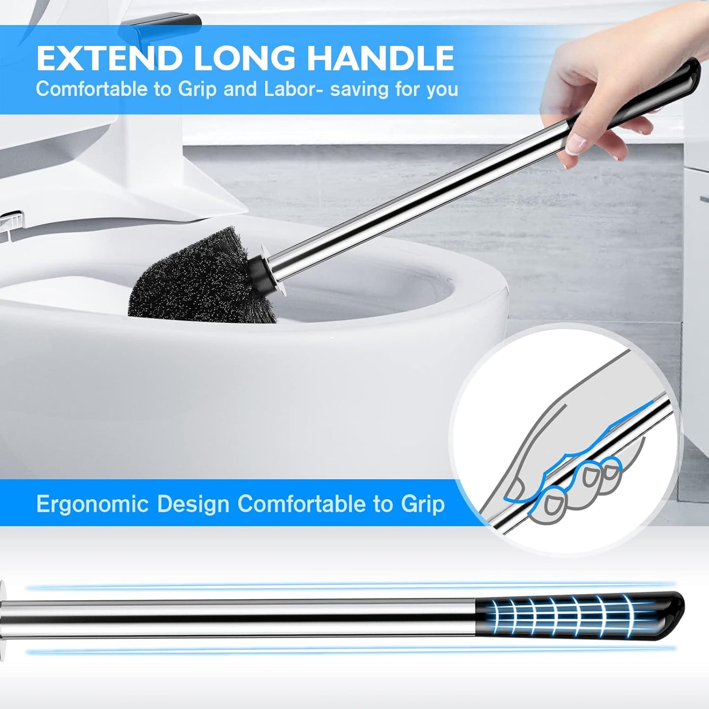 Toilet Brush and Holder 2 Pack, 304 Stainless Steel Toilet Brush with Extended and Durable Comfortable Brush Handle, Toilet Bowl Brush for Bathroom Toilet - Ergonomic, Pratical Durable
