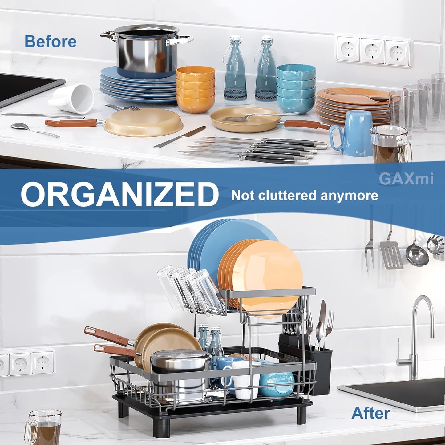 GAXmi Dish Drying Rack Over The Sink Dish Drainer with Drainboard Utensil Holder Cup Holder, 2-Tier Grey