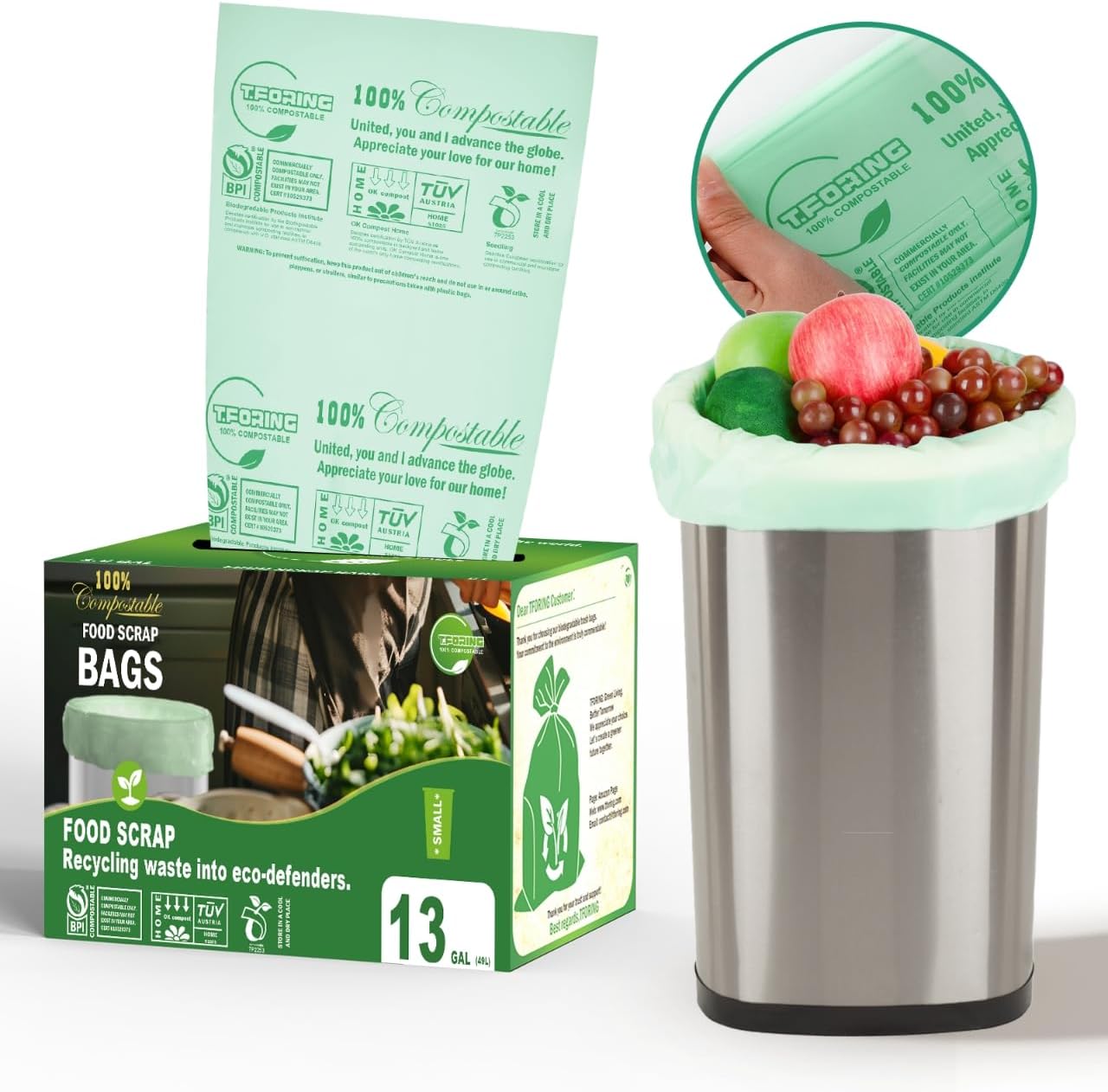 Compostable Trash Bags, 13 Gallon / 49.2 Liter, 45 Count, Extra Thick 0.9 Mil Tall Kitchen Food Scrap Bin Liners, Certified by BPI, CMA & OK compost HOME