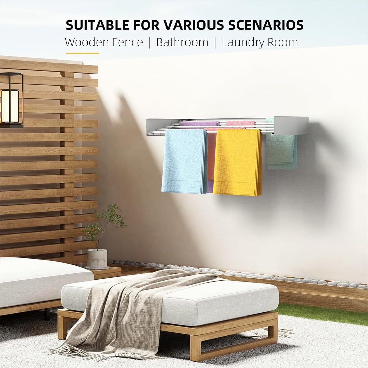 Laundry Drying Rack, Collapsible Wall Mounted Clothes Drying Rack - Foldable,Space Saving, 13.2 Linear Ft, 5 Aluminum Rods, 60 lb Capacity (White, 23.6")