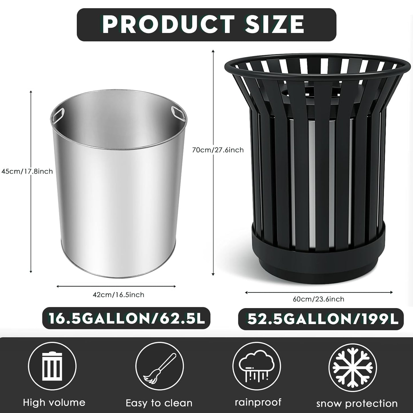 Round Heavy Duty Outdoor Trash Can, Large Metal Slatted Garbage Can for All Weather Resistant, Commercial Garbage Cans, Waste Receptacle in Park, Beach, Patio (Black, Large)