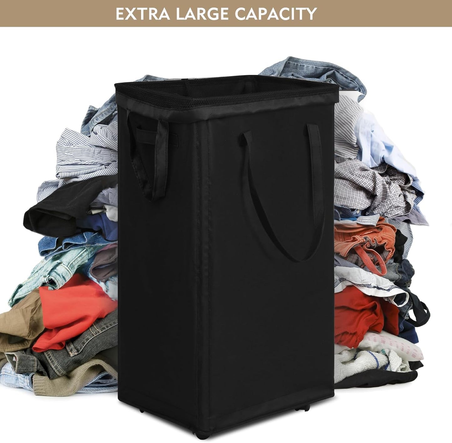 DOKEHOM 90L X-Large Laundry Basket with Removable Wash Bag on Wheels, Collapsible Rolling Laundry Hamper, Foldable Clothes Organizer, Folding Washing Bin (Black)