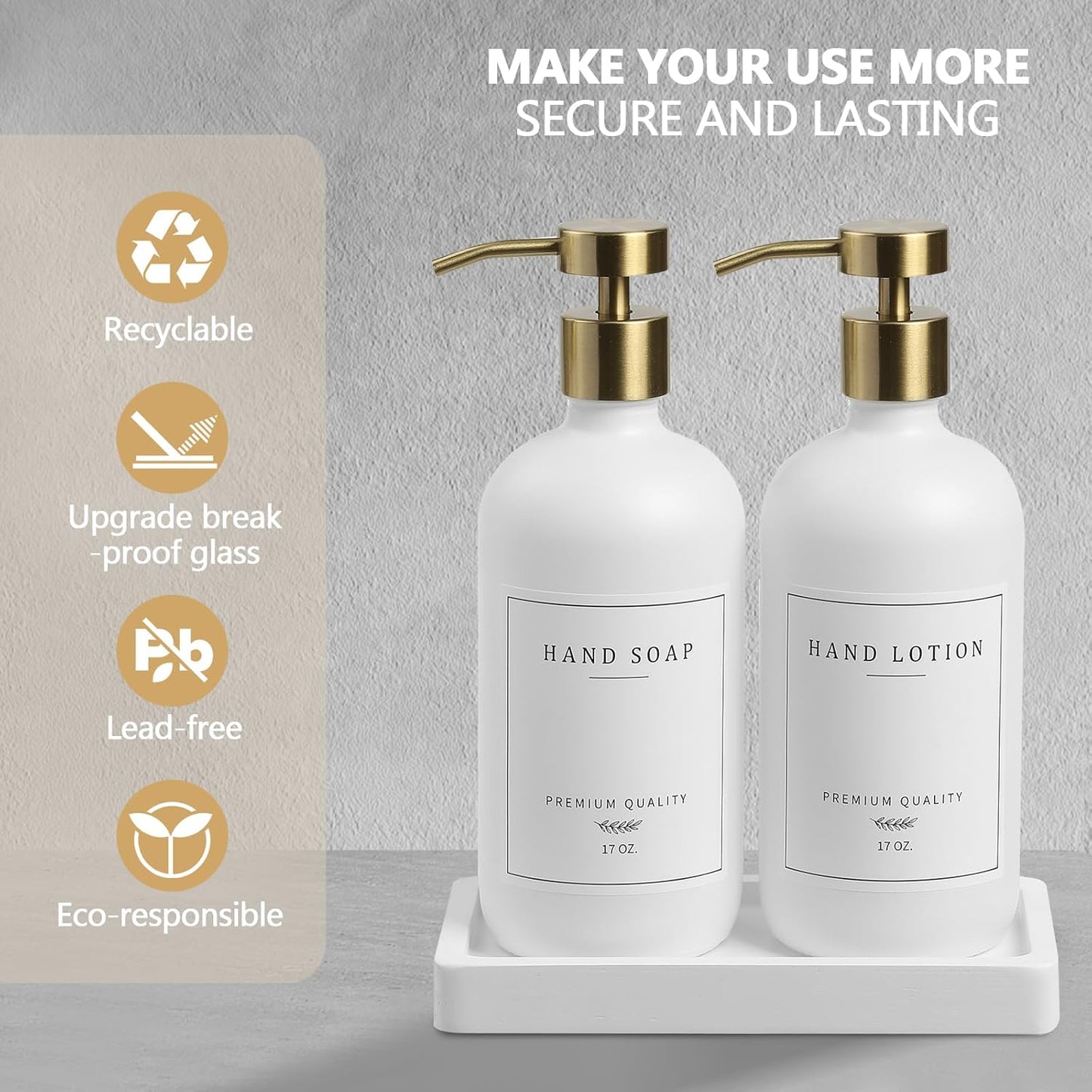 Soap Dispenser Bathroom - Kitchen Dish and Hand Soap Dispenser Set, Glass Bathroom Soap Lotion Dispenser with Pump, Tray, 14 Waterproof Labels, Set of 2 White Bottle/Gold Pump-pd