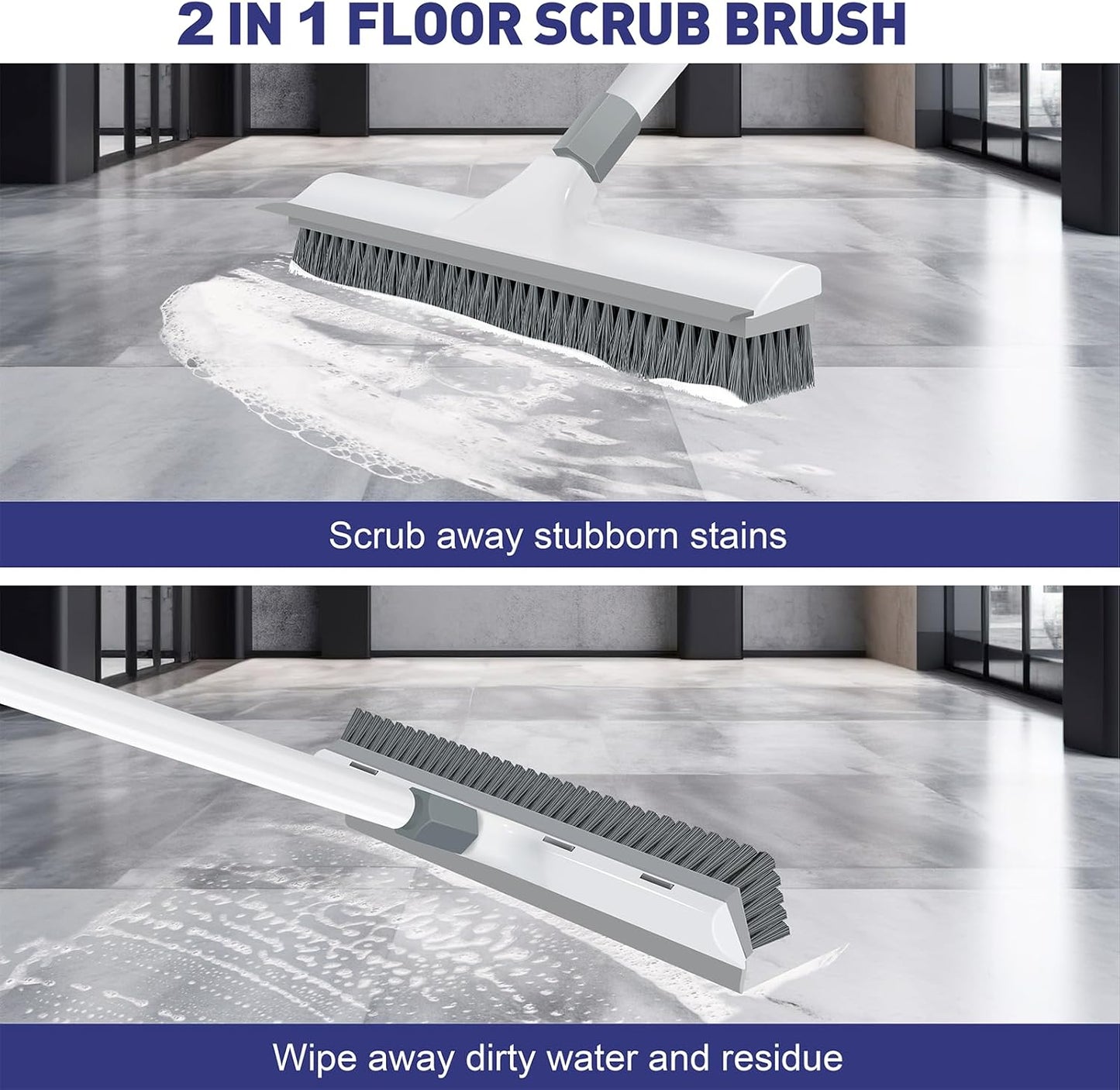 Floor Scrub Brush with 60 inch Long Handle, 2 in 1 Heavy Duty Stiff Bristle Floor Scrubber Brush and Scraper for Cleaning Shower, Tile, Bathroom, Kitchen, Deck, Garage, Patio