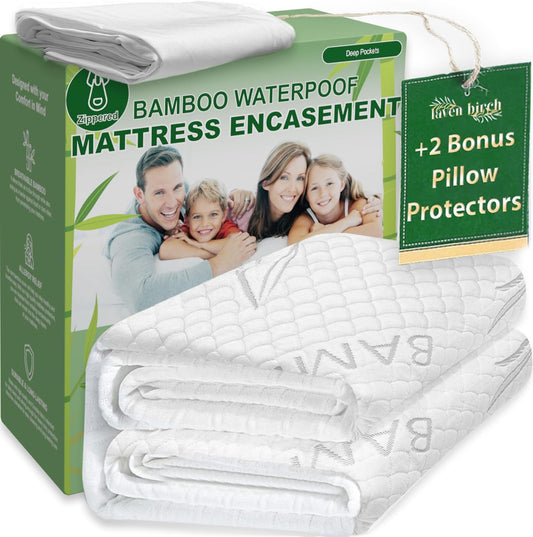 Bamboo Rayon Mattress Protector with Zipper + 2 Pillow Protectors - 100% Waterproof Cooling King Size Cover - Ultra Soft Fabric Breathable Noiseless Mattress Pad Covers Zippered Encasement