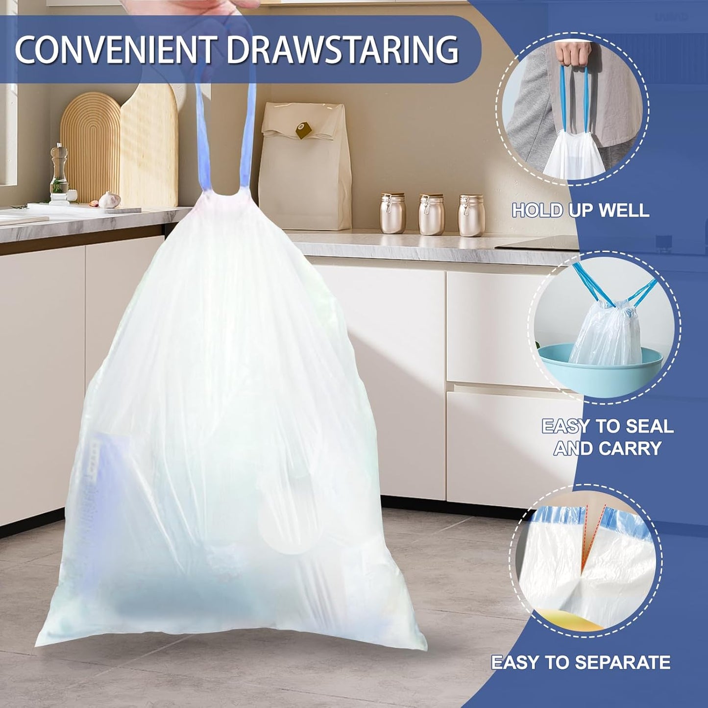 240 Count 5 Gallon Trash Bags Drawstring 1.1 Mil - 18 Liter Small Garbage Bags for Bathroom, Strong Unscented White Plastic Wastebasket Bin Liners for Kitchen Office Toilet and Bedroom
