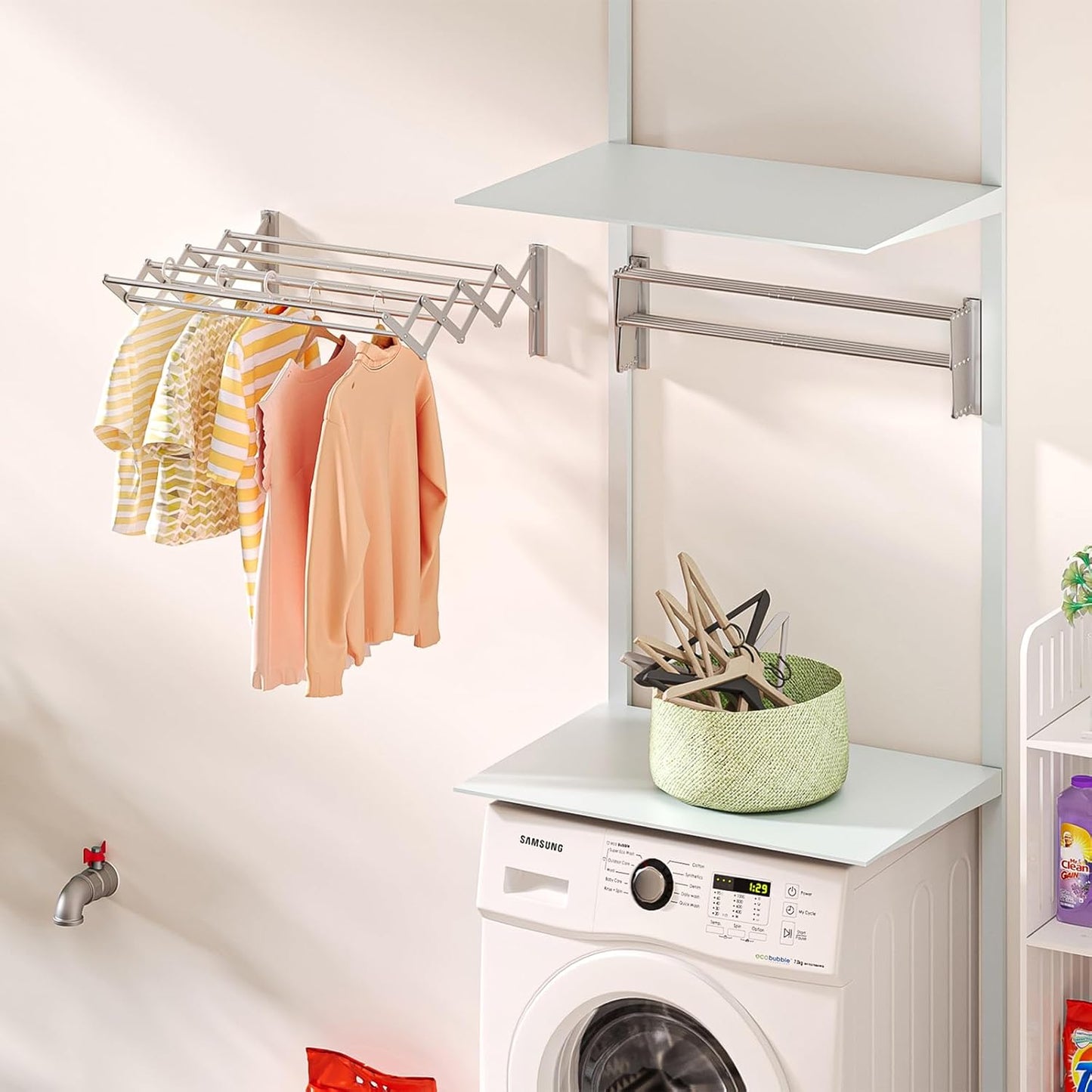 X-cosrack Wall Mounted Clothes Drying Rack, Wide Large Rustproof Retractable Laundry Drying Rack, 8 Bar Space-Saving Aluminium Alloys Clothing Hanger Drying Racks forLaundry