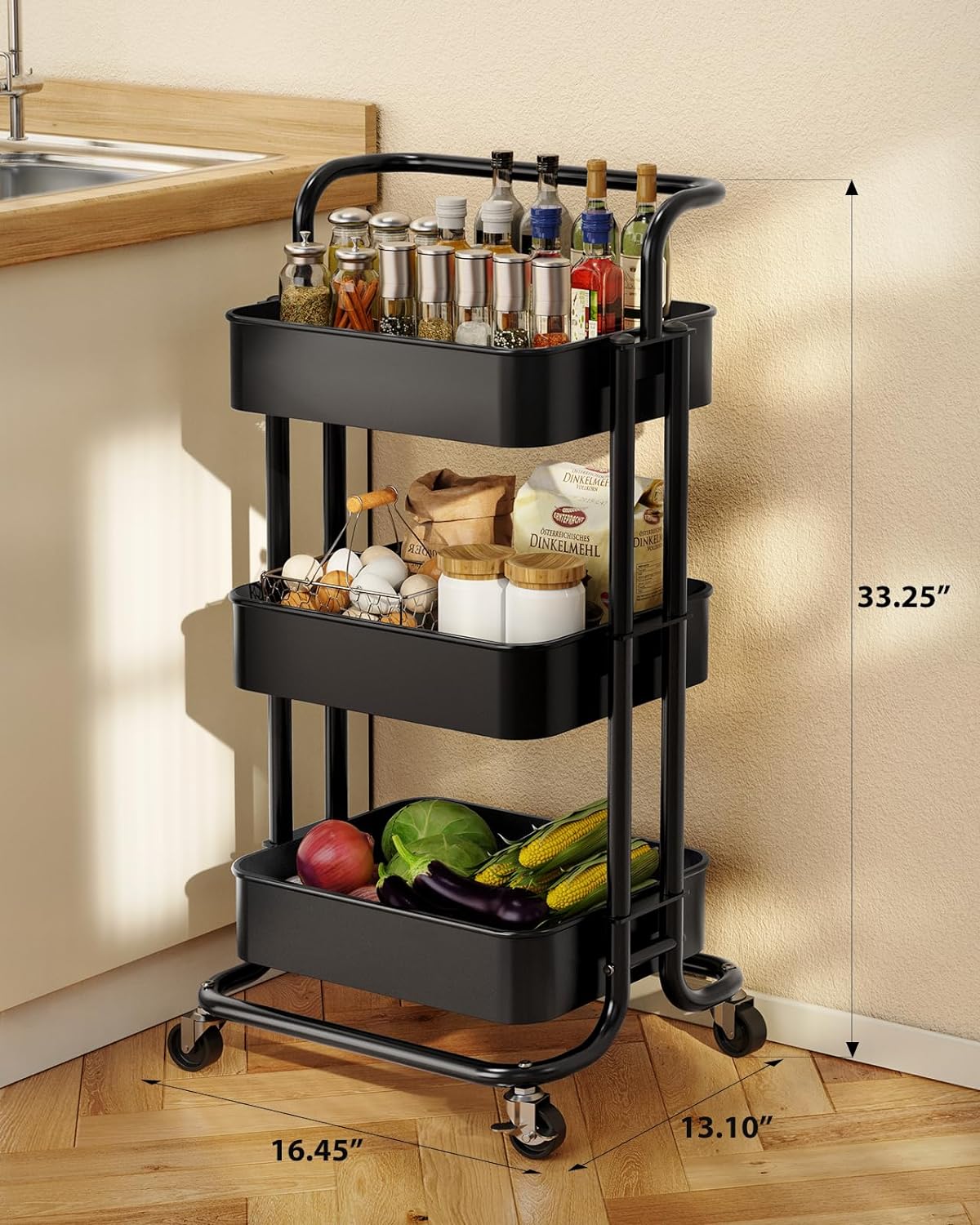 Pipishell 3 Tier Mesh Utility Cart, Rolling Metal Organization Cart with Handle and Lockable Wheels, Multifunctional Storage Shelves for Kitchen Living Room Office Black