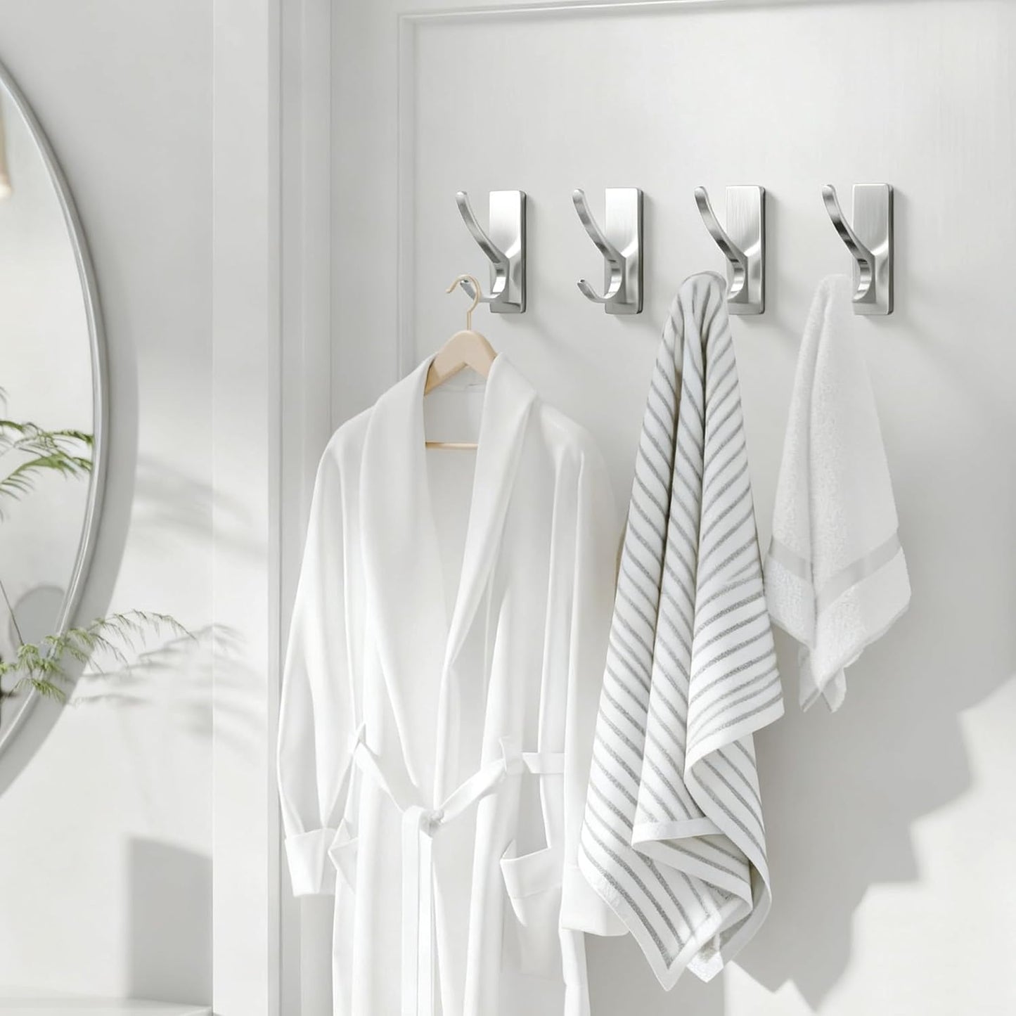 pickpiff Self Adhesive Coat Hooks for Hanging: Heavy Duty Stainless Wall Hook for Towel, Backpack, Hat, Sturdy Metal Hanger for Bathroom, Bedroom, Door, Brushed Nickel 4 Pack