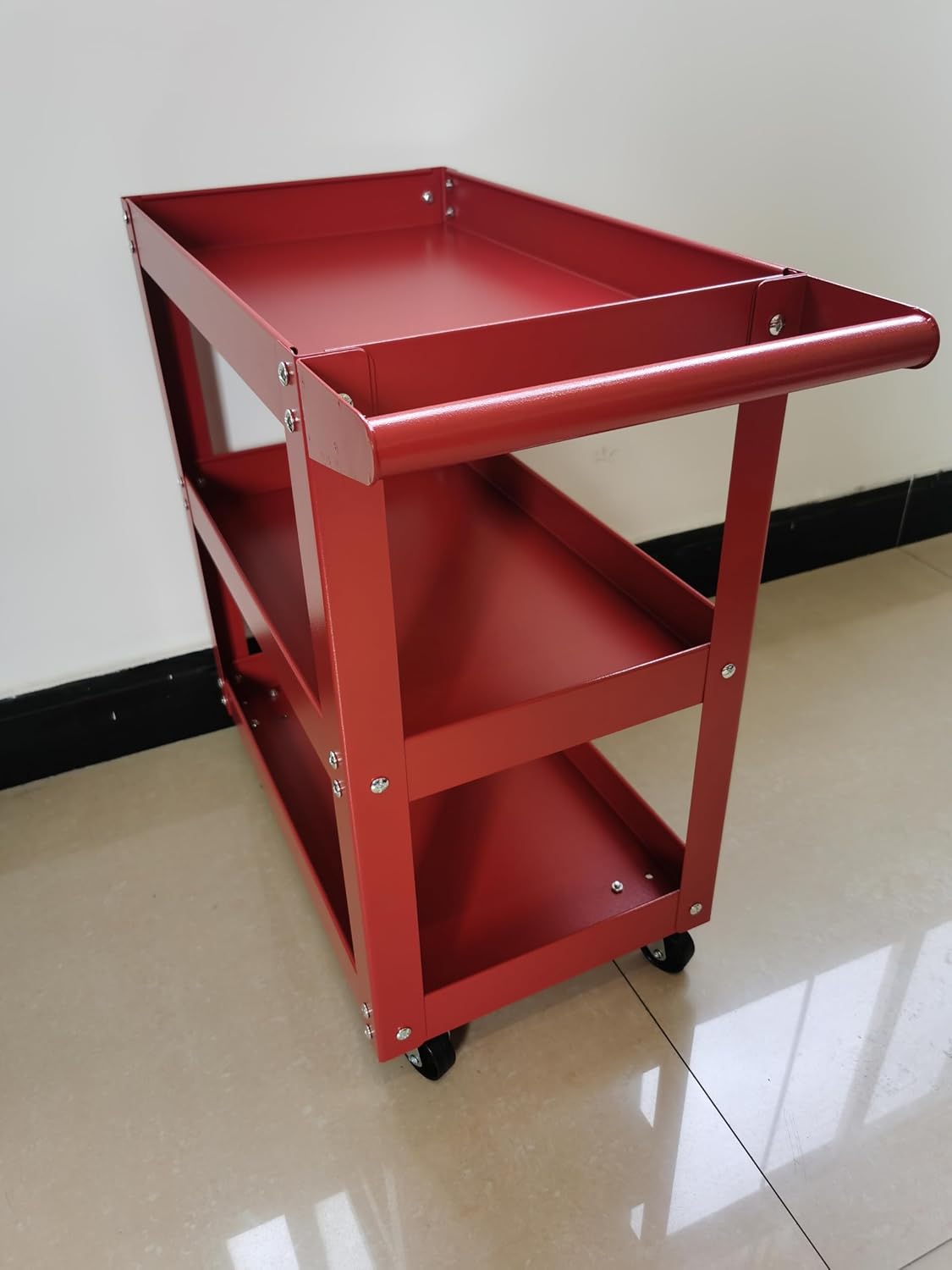 Utility Service Cart, 3 Shelf 150LBS Heavy Duty Steel Rolling Utility Cart, Medium Lipped Shelf, 360° Swivel Wheels, Ergonomic Storage Handle for Warehouse Garage, Red