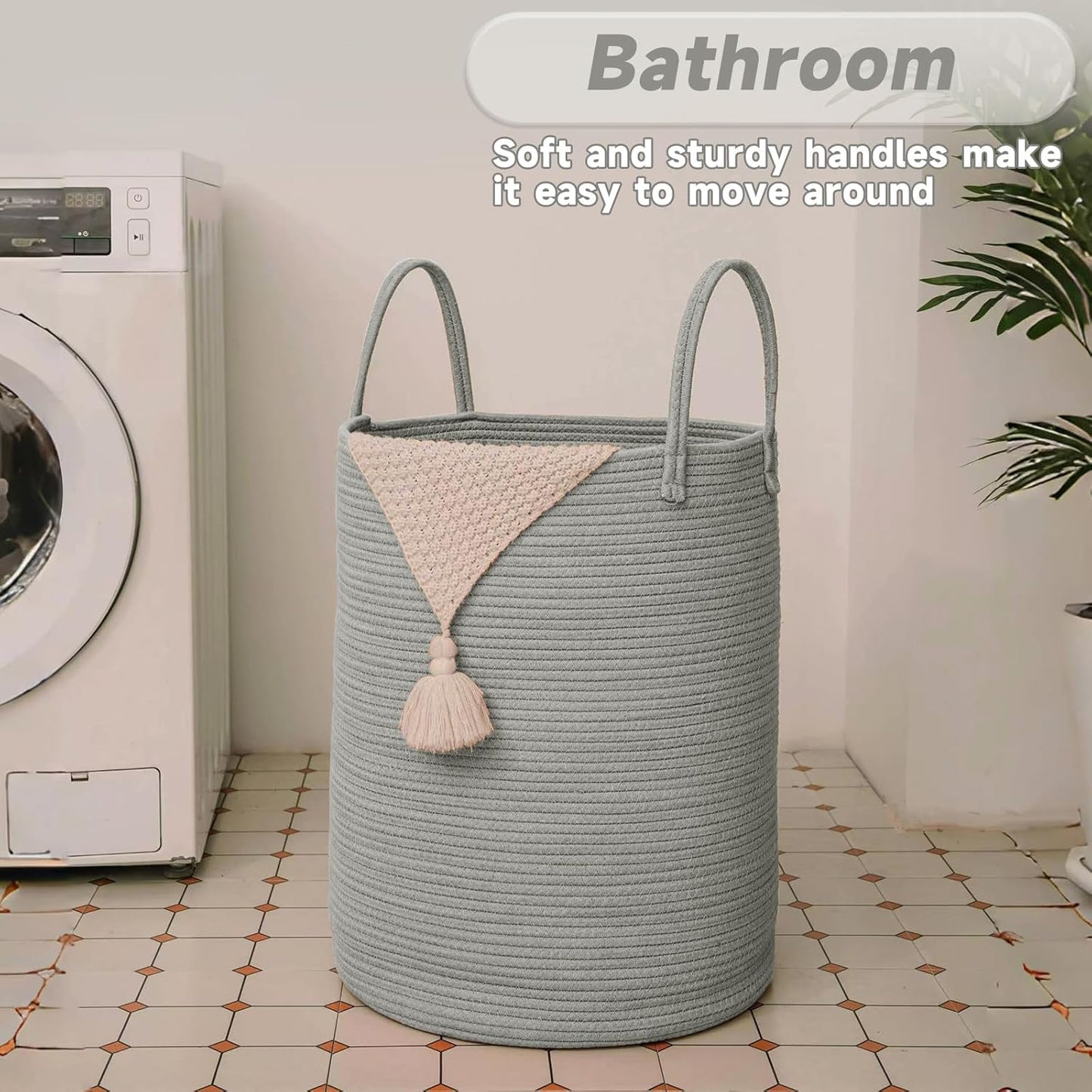 Large Woven Laundry Basket Hamper,80L Cotton Rope Storage Bin for Blankets,Toys and Clothes,Decorative Tall Nursery Hamper for Living Room,Baby Nursery,Bathroom and Bedroom,Grey