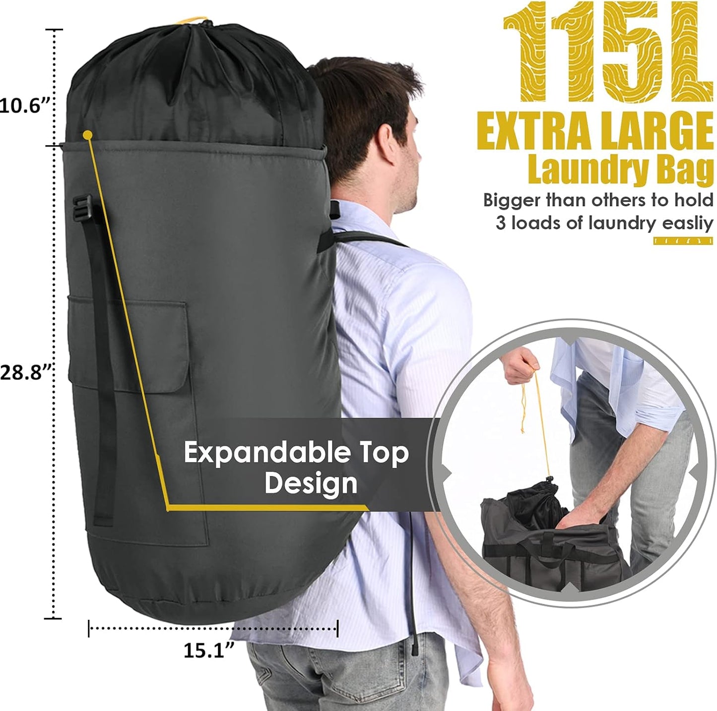 Laundry Backpack Bag, 115L Extra Large Laundry Bags with straps, Heavy Duty Laundry Bag Backpack, Portable Dirty Clothes Bag for College Dorm, Apartment, Laundromat, College Laundry Bag