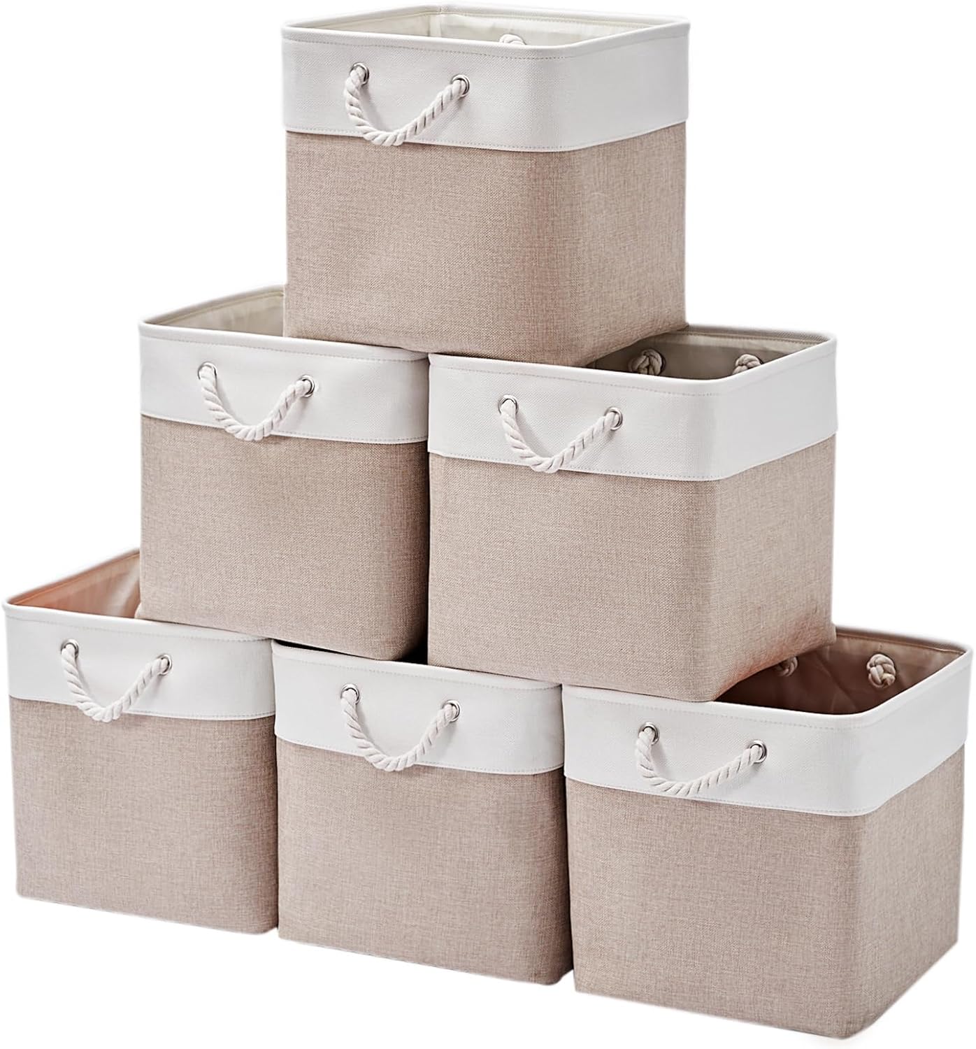 12 x 12 Inch Cube Storage Bins, 6 Pack Large Collapsible Fabric Storage Bin with Ropes, Foldable Storage Cubes for Home, Office,Closet, Clothes, Toys Organizer (White & Beige)