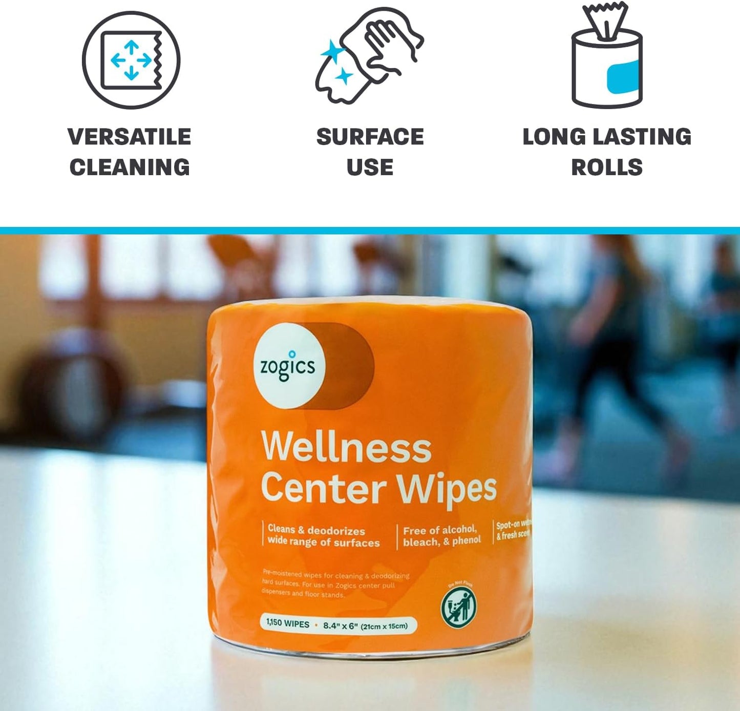 Zogics Wellness Center Cleaning Wipes – Gym Wipes for Cleaning Surfaces and Equipment, Durable and Safe Pre-Saturated Wet Wipes (1 Roll of 1,150 Wipes)