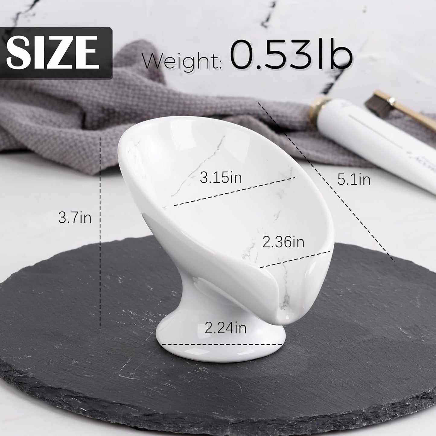 Soap Dish, Self Draining Bar Soap Holder for Bathroom Sink, Leaf Shaped Drainage Ceramic Marble Porcelain Decorative Soap Dish, No Suction Cup, ANTIS'S HOME