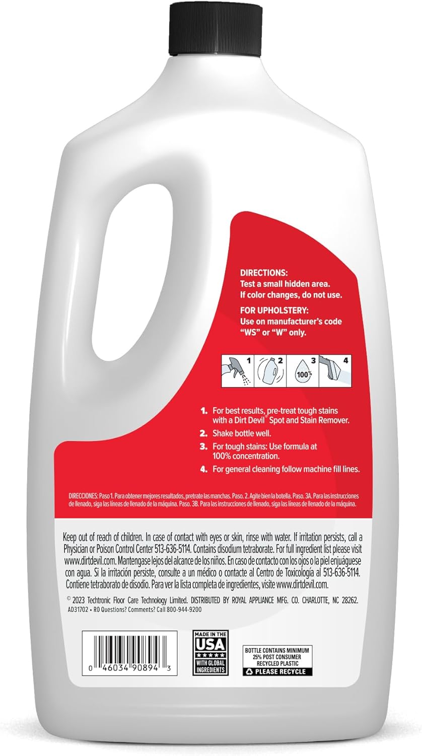 Dirt Devil Pet Portable Spot Cleaner Solution, 64 oz., Fresh Blossom Scent, Upholstery and Carpet Shampoo Solution, Eliminates Pet Messes and Odors, Pair with Dirt Devil Portable Spot Cleaners