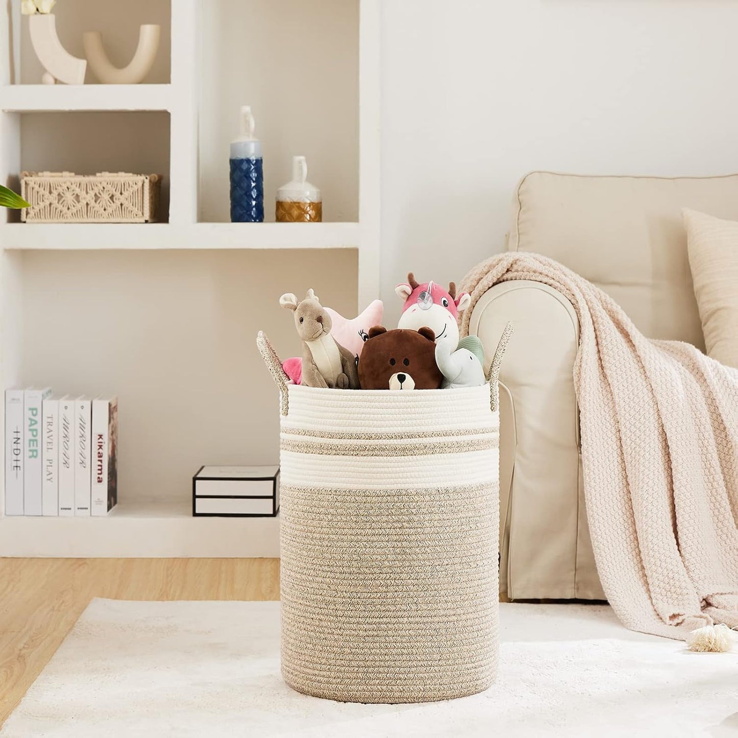 Fiona's magic 100L Extra Large Laundry Hamper Basket, 26.4Gal Tall Woven Laundry Basket Storage, Baby Nursery Hamper for Blankets, Clothes Hamper for Bedroom and Living Room Organizing, Brown & White