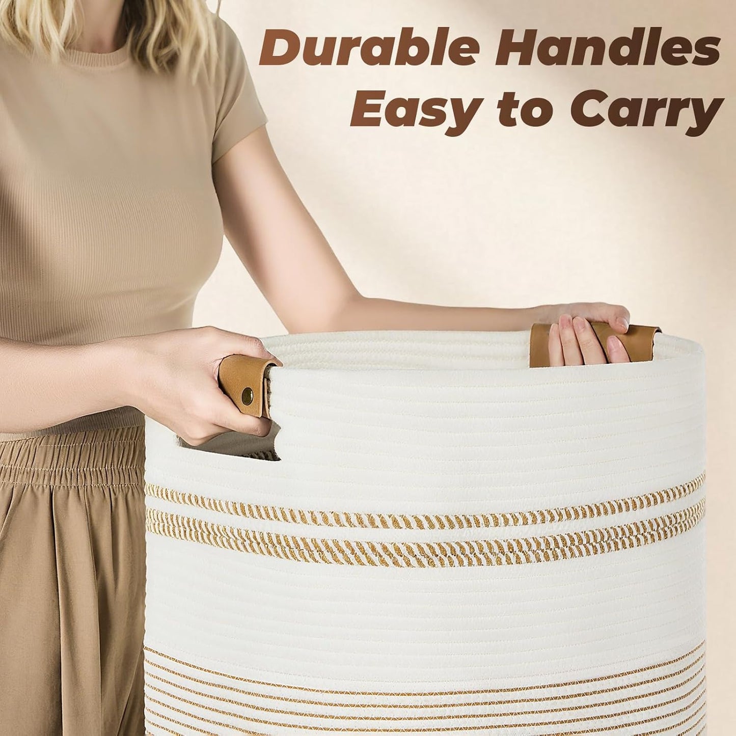 Laundry Basket with Handles - Blanket Basket & Hampers for Bedroom Aesthetic, Laundry Hamper & Blanket Storage for Living Room, Clothes Hamper, Tall, Large 17" x 14" x 22”, Light Brown & White