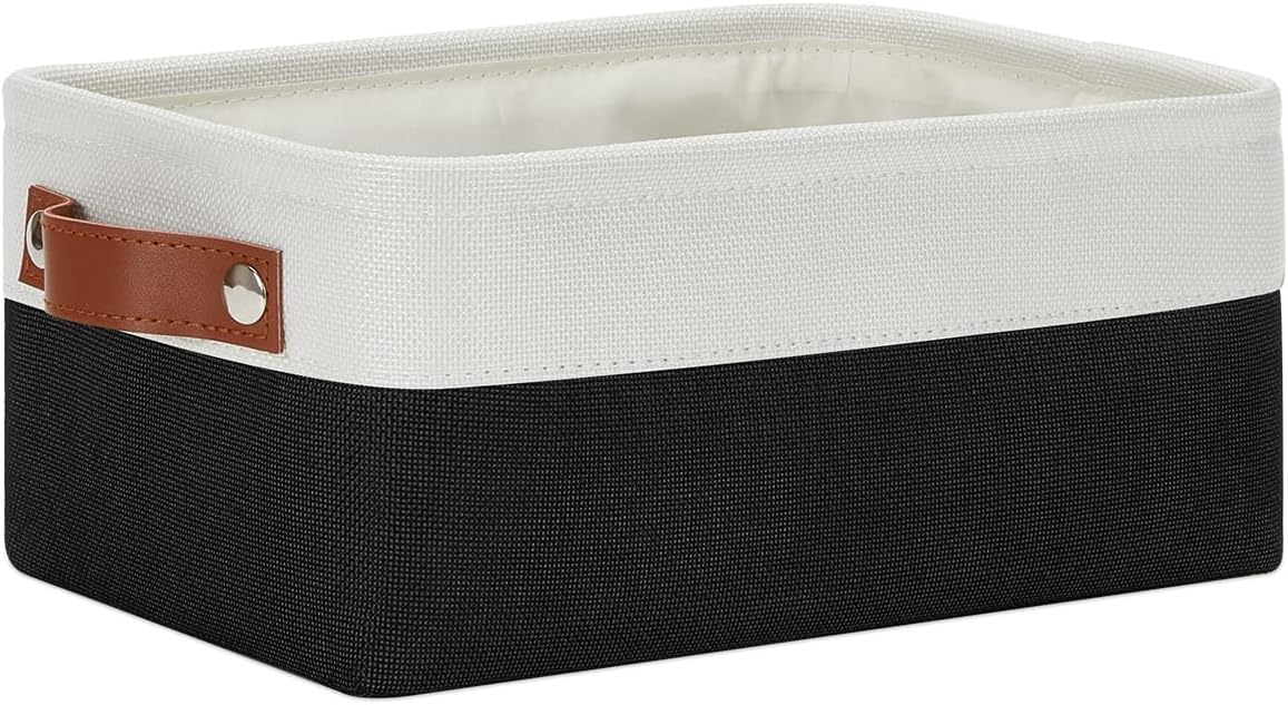 DULLEMELO Small Storage Bin, Collapsible Rectangular Fabric Basket for Organizing, Shelves, Closets, Nursery, Home, Office, Empty Gift Basket (White&Black)