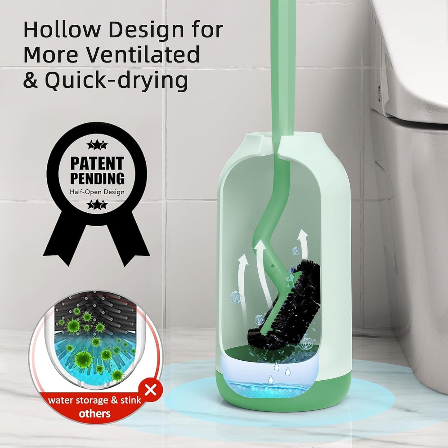 HAMITOR Toilet Bowl Brush Holder Set: Bathroom Deep Cleaning Toilet Cleaner Scrubber Under Rim with Curved Bristle for Dead Corner Clean - Hidden Rv Toilet Decorative Accessories with Caddy- Green