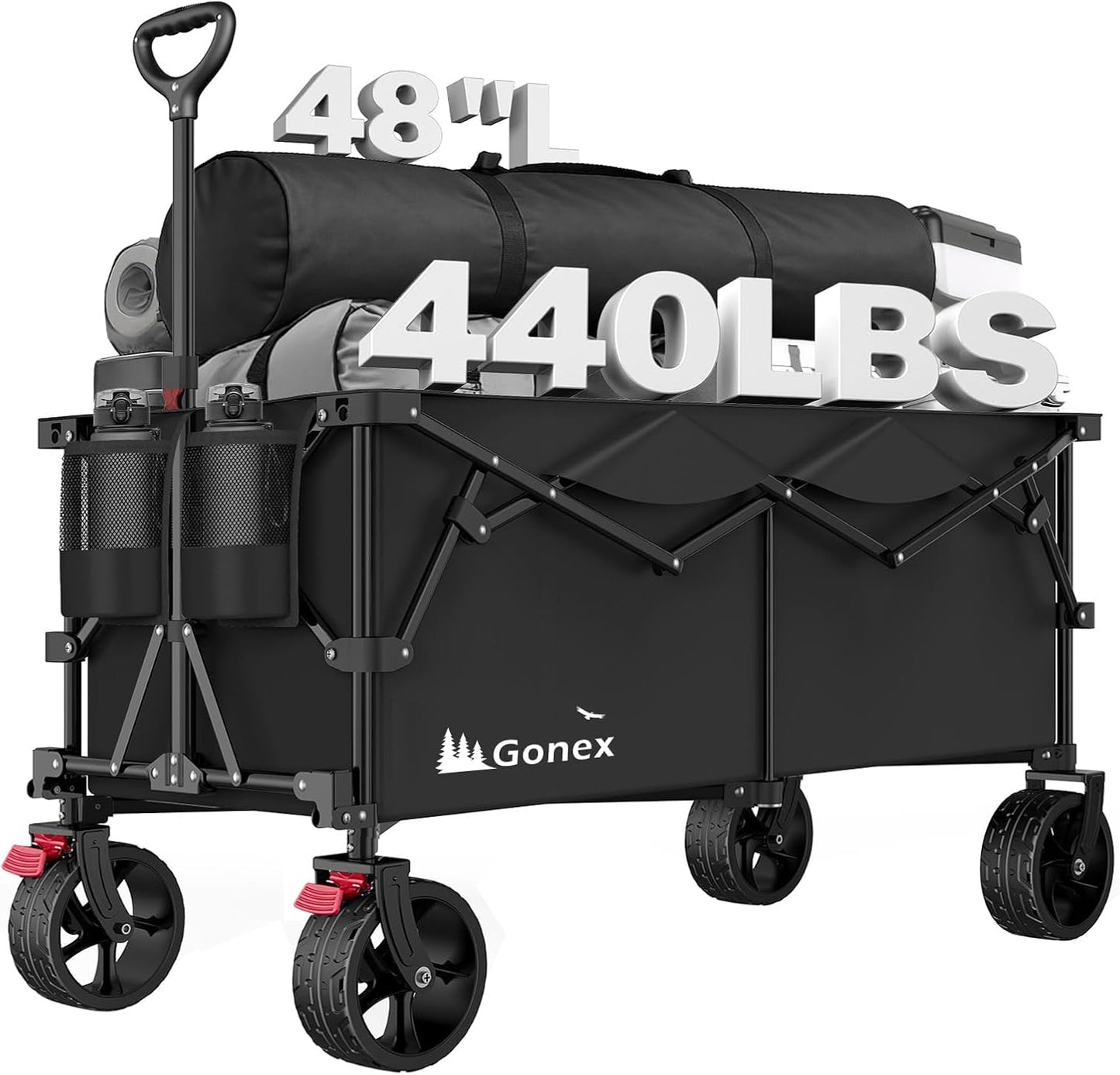 Gonex 48''L Collapsible Foldable Heavy Duty Oversized Wagon with 440lbs Weight Capacity, 300L Folding Large Utility Garden Grocery Shopping Cart with 8" H All-Terrain Wheels & 2 Drink Holders - Black