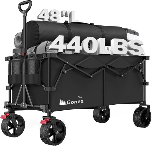 Gonex 48''L Collapsible Foldable Heavy Duty Oversized Wagon with 440lbs Weight Capacity, 300L Folding Large Utility Garden Grocery Shopping Cart with 8" H All-Terrain Wheels & 2 Drink Holders - Black