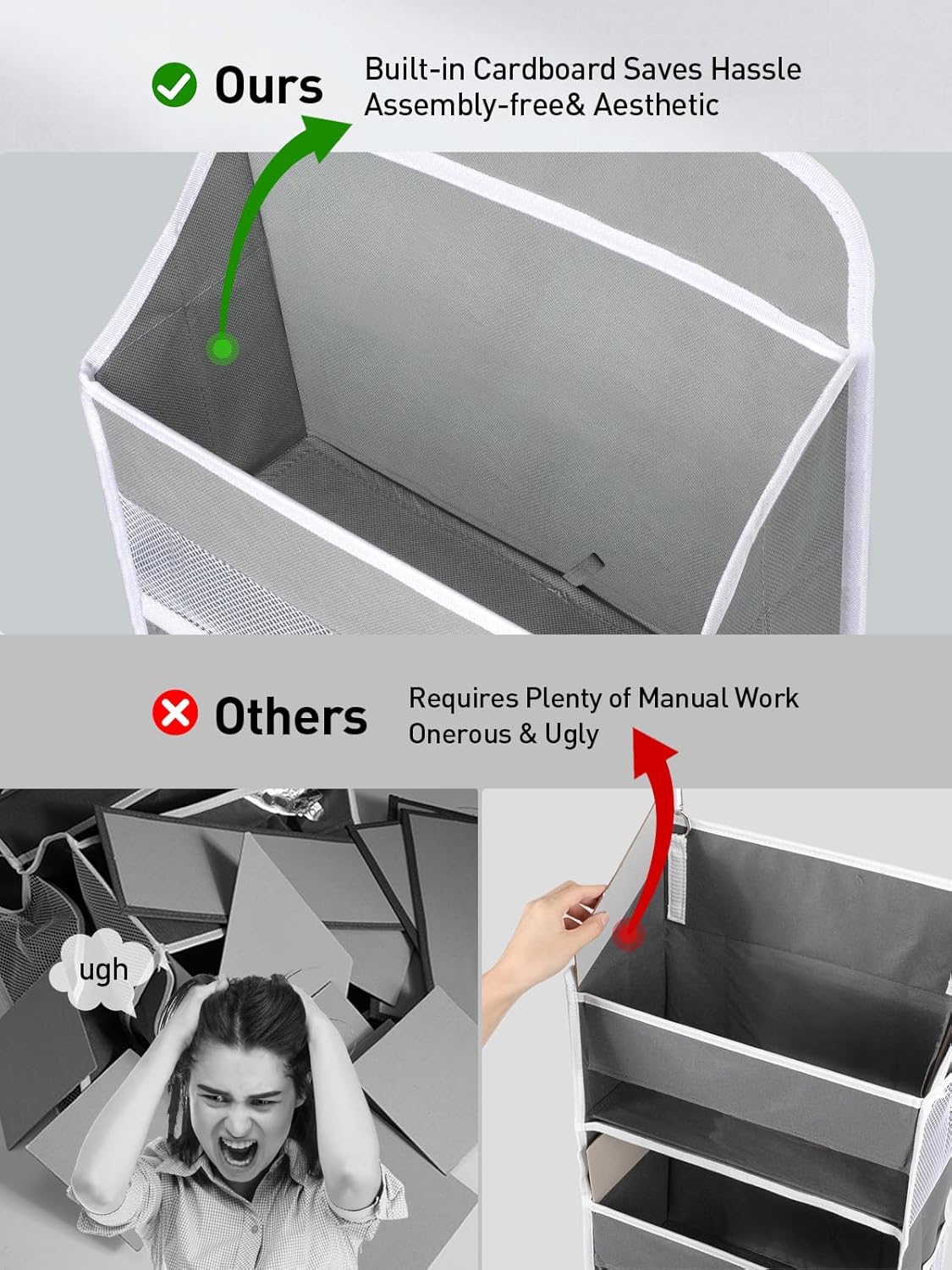 Yecaye 2 Pc Over The Door Organizer with 5 Bins 10 Side Pockets, 44lbs Load Hanging Bathroom and Bedroom Organizer, Behind The Door Hanging Organizers for Nursery Newborn Baby Essential Stuff Grey