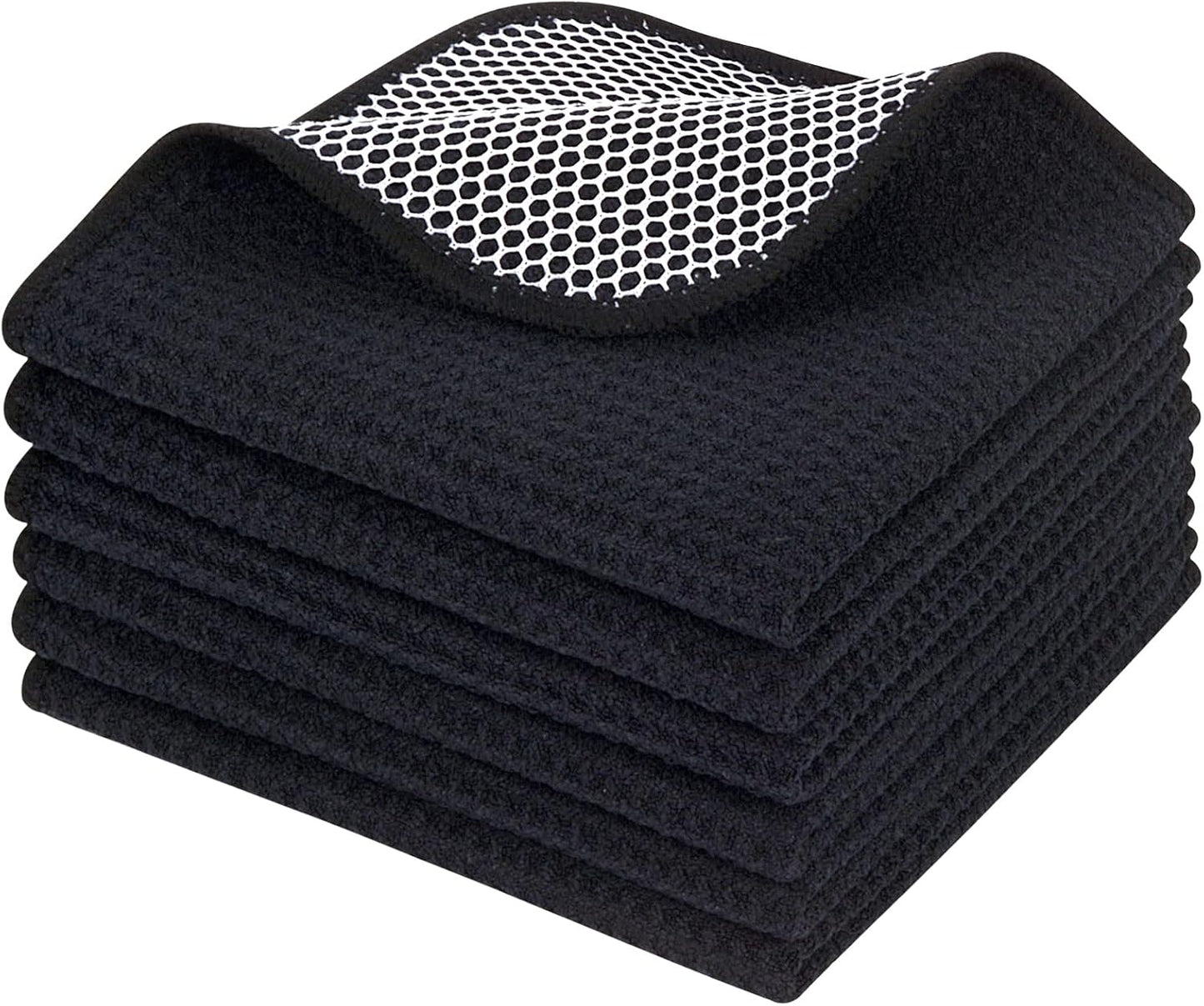 KinHwa Kitchen Washcloths for Dishes Absorbent Microfiber Dish Cloths Quick Dry Dish Rags with Poly Scour Scrub Side Ideal for Kitchen Cleaning (Black-B, 12inchx12inch 6 Pack)