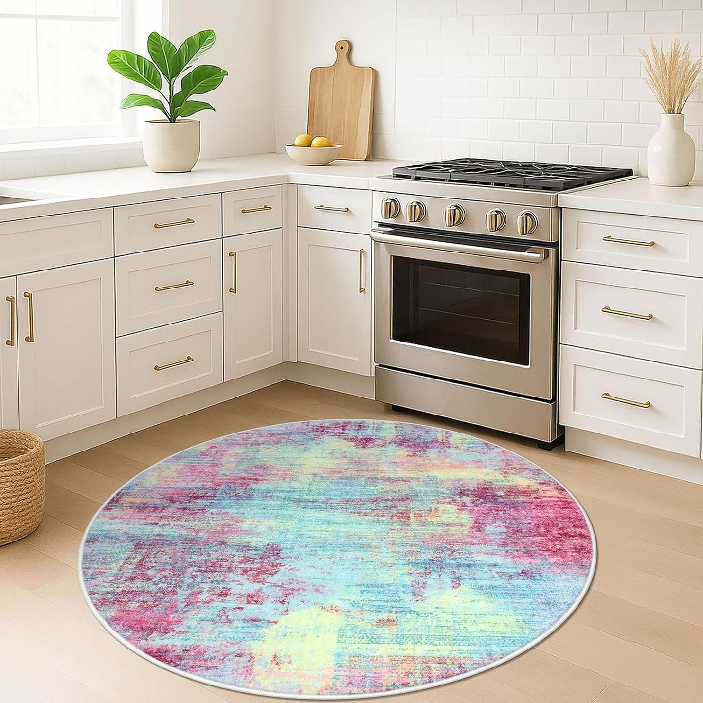 IOHOUZE Round Area Rug 5 Ft Circle Entryway Rugs Round Washable Door Mat Indoor Entrance, Non Slip Circle Front Door Rug, Printed Abstract Faux Wool Floor Carpet for Foyer Porch Sink, Pink Teal