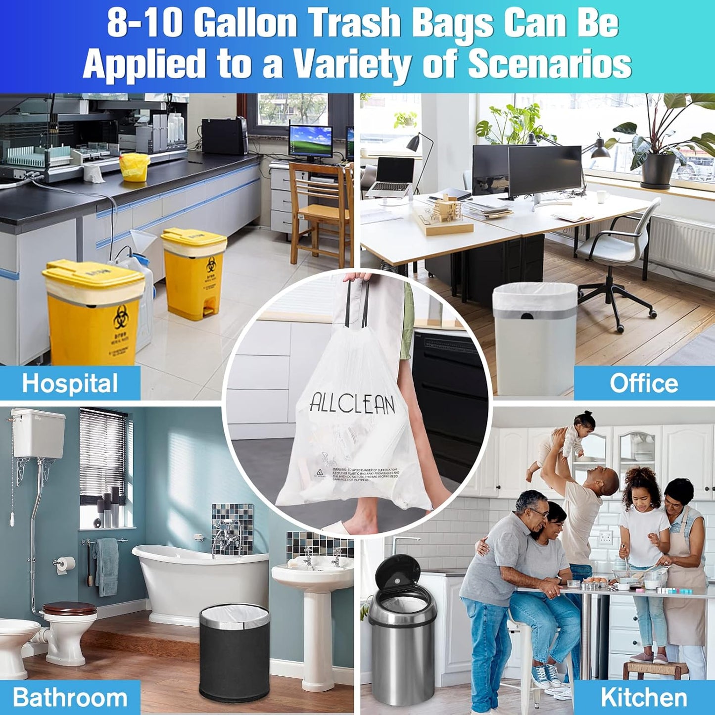 Trash Bags 10 Gallon Medium Kitchen Drawstring Bathroom Garbage Bags, Fit 8-10 Gal Bins,Extra Strong&Leak-Proof,Unscented&Recyclable Trash Can Liners for Bathroom Home Office Garden Lawn