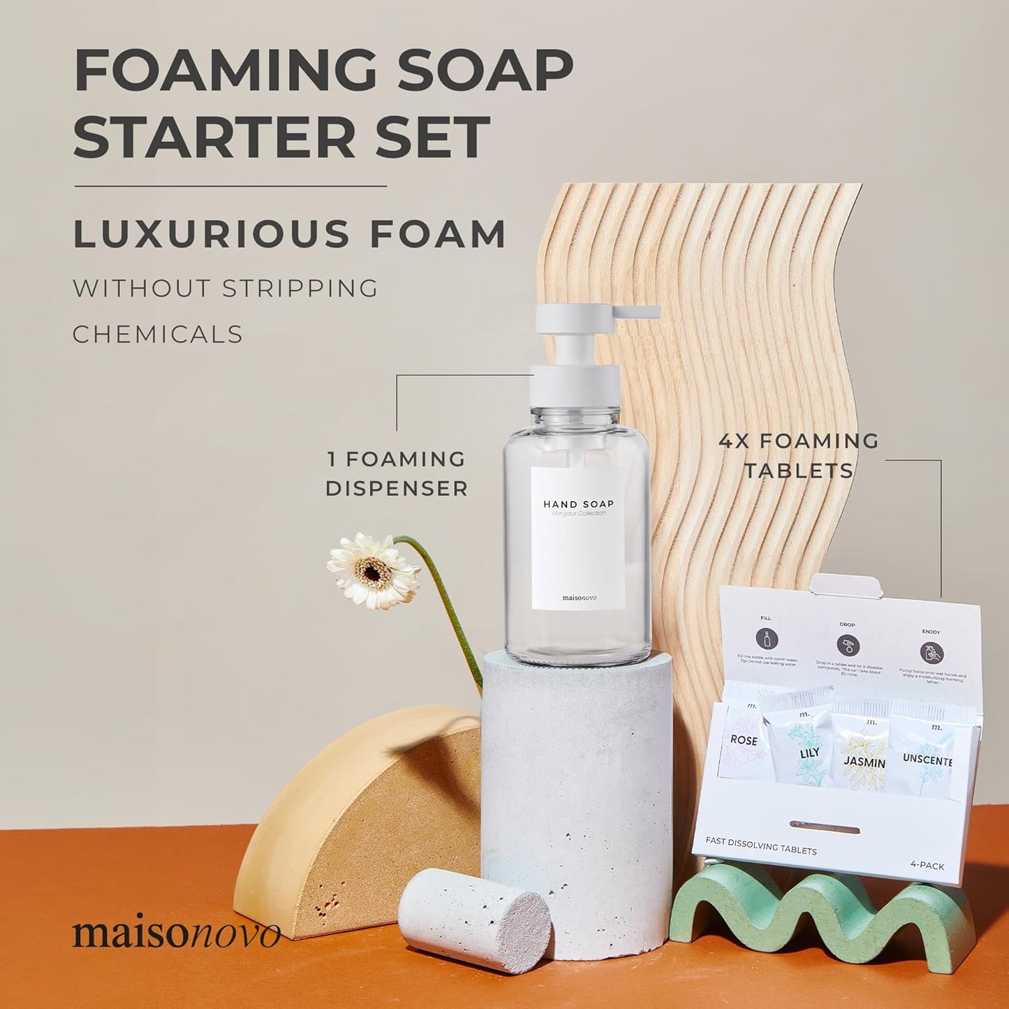 MaisoNovo 14 oz Clear Glass Foaming Soap Dispenser with White Pump + Mixed 4 Pack Foaming Hand Soap Refill Tablets