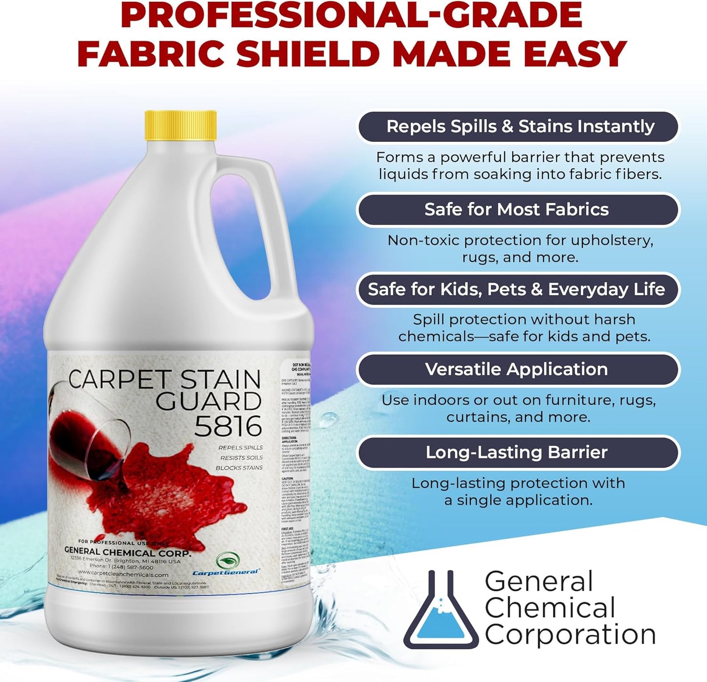General Chemical Stain Shield Spray - Safe Fabric Protector Spray and Stain Guard 5816 for Upholstery, Carpets, Rugs, Drapes & More - Impermeable Protectant Spray for Outdoor & Indoor Use - 1 Gallon