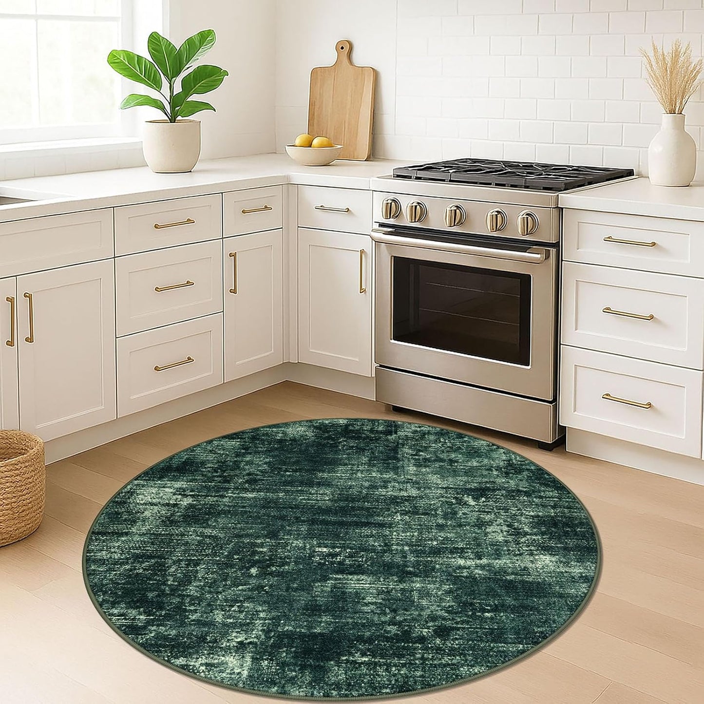 IOHOUZE Round Area Rug 5 Ft Circle Entryway Rugs Round Washable Door Mat Indoor Entrance, Non Slip Circle Front Door Rug, Printed Abstract Faux Wool Floor Carpet for Foyer Porch Sink, Dark Green