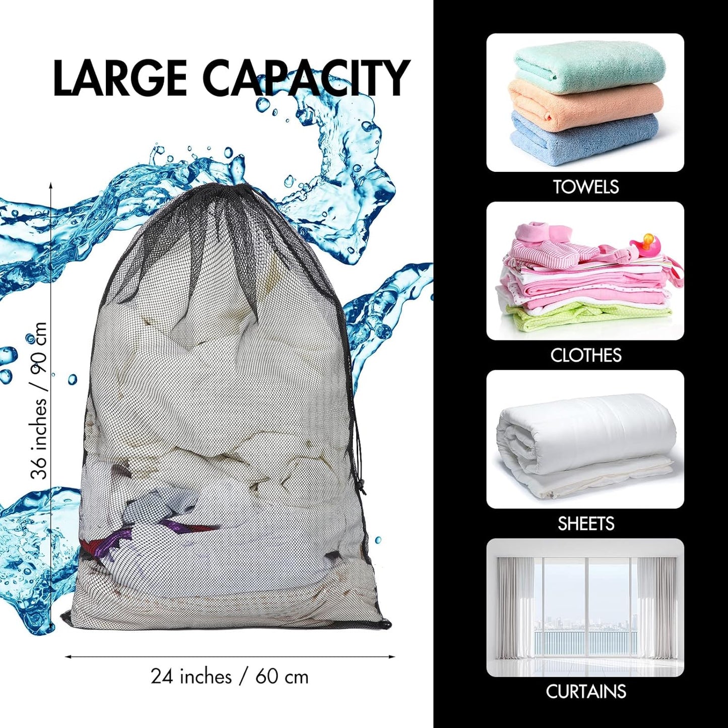 Berlune 30 Pack 24 x 36 Inches Large Mesh Bags for Laundry, Wash bags, Sturdy Mesh Material Closed with Drawstring, Factory, University, Dormitory, Travel and Apartment Dweller (Black)