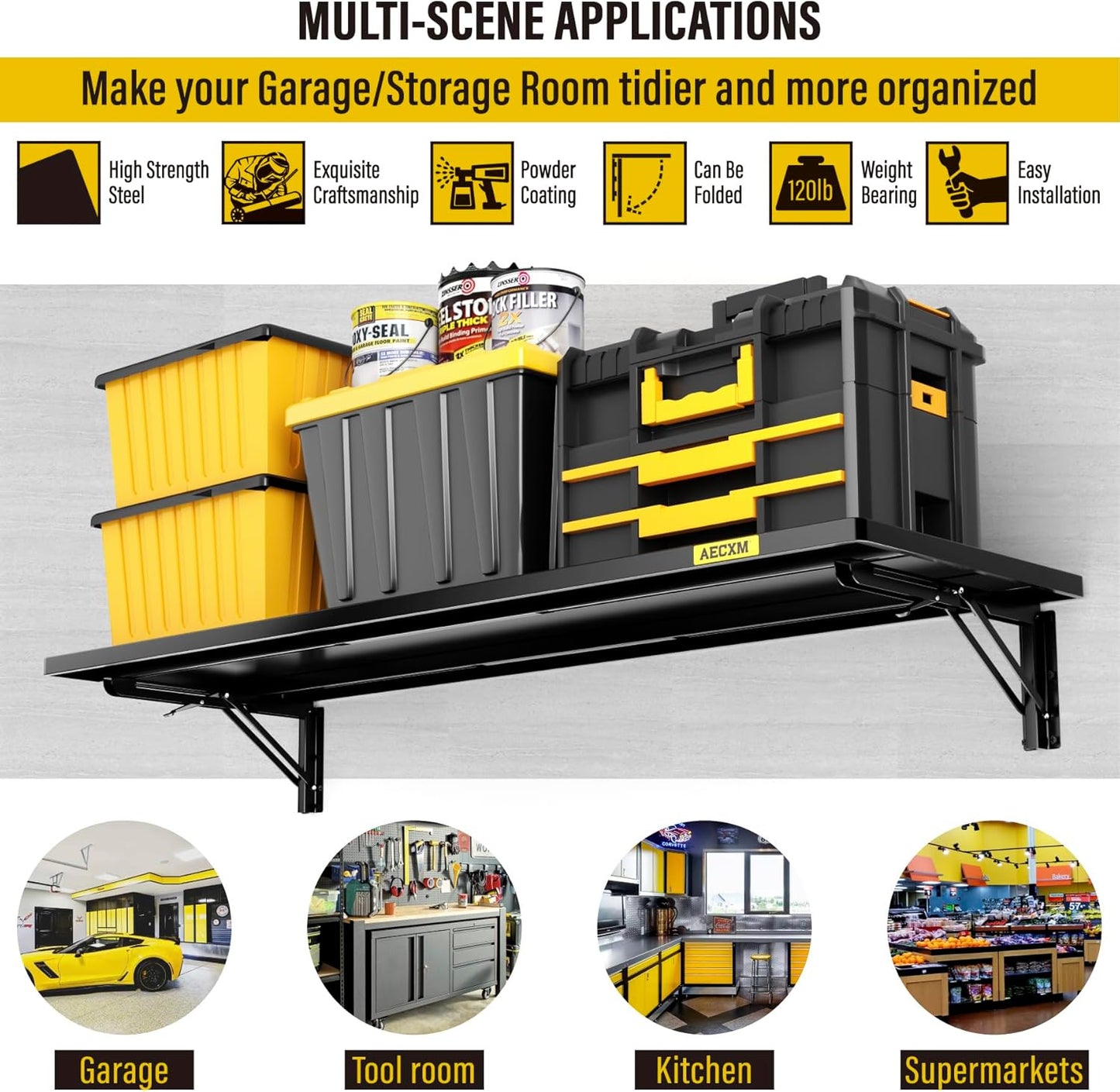 1.2x3ft Adjustable Rail Type Folding Storage Rack Shelf, Suitable for Garage, Storage Room, Kitchens Wall Shelf,Garage Storage Rack Floating Shelves,Folding Panels (1pcs-Black)