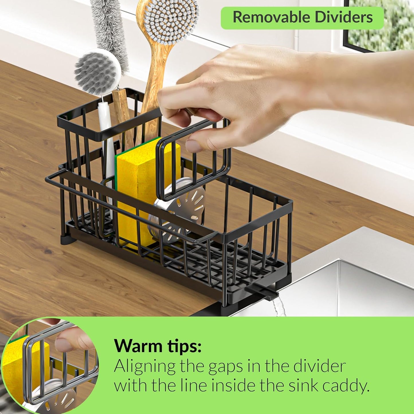 Black Sponge Holder for Kitchen Sink, Self-Draining Kitchen Sink Organizer with High Brush and Dishcloth Holder,304 Stainless Steel, Rustproof, Soap Caddy Dispenser for Countertop