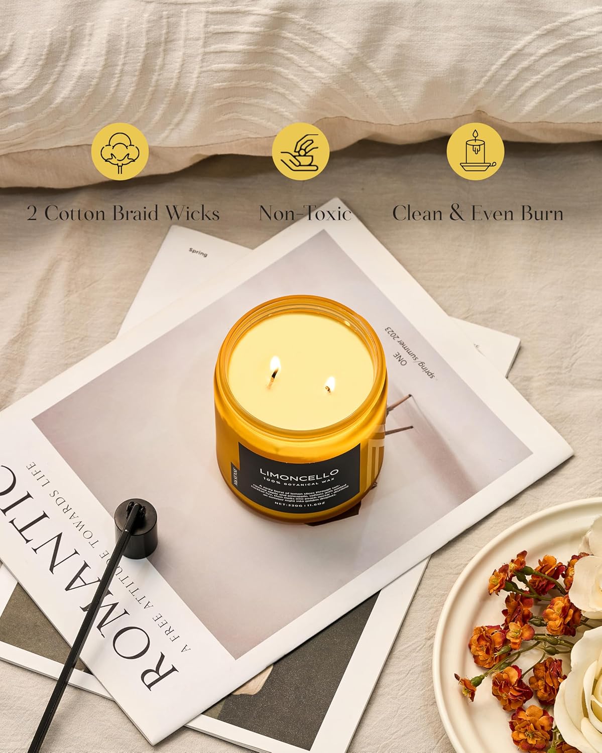 M&SENSE Limocello Scented Candle - 11.6oz Natural Soy Wax Non Toxic 70-Hour Slow Burning 2-Wick Lemon Highly Scent for Home Decor, Summer Candle for Yoga Spa & Meditation & Relaxing Gift