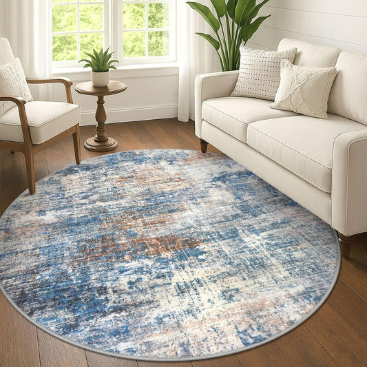 IOHOUZE Abstract Round Area Rug 6 Ft Washable Circle Rugs Large Round Rug Non Slip Thin Soft Circle Rugs, Printed Faux Wool Floor Carpet for Bedroom Living Room Dining Room Nursery, Blue Rust