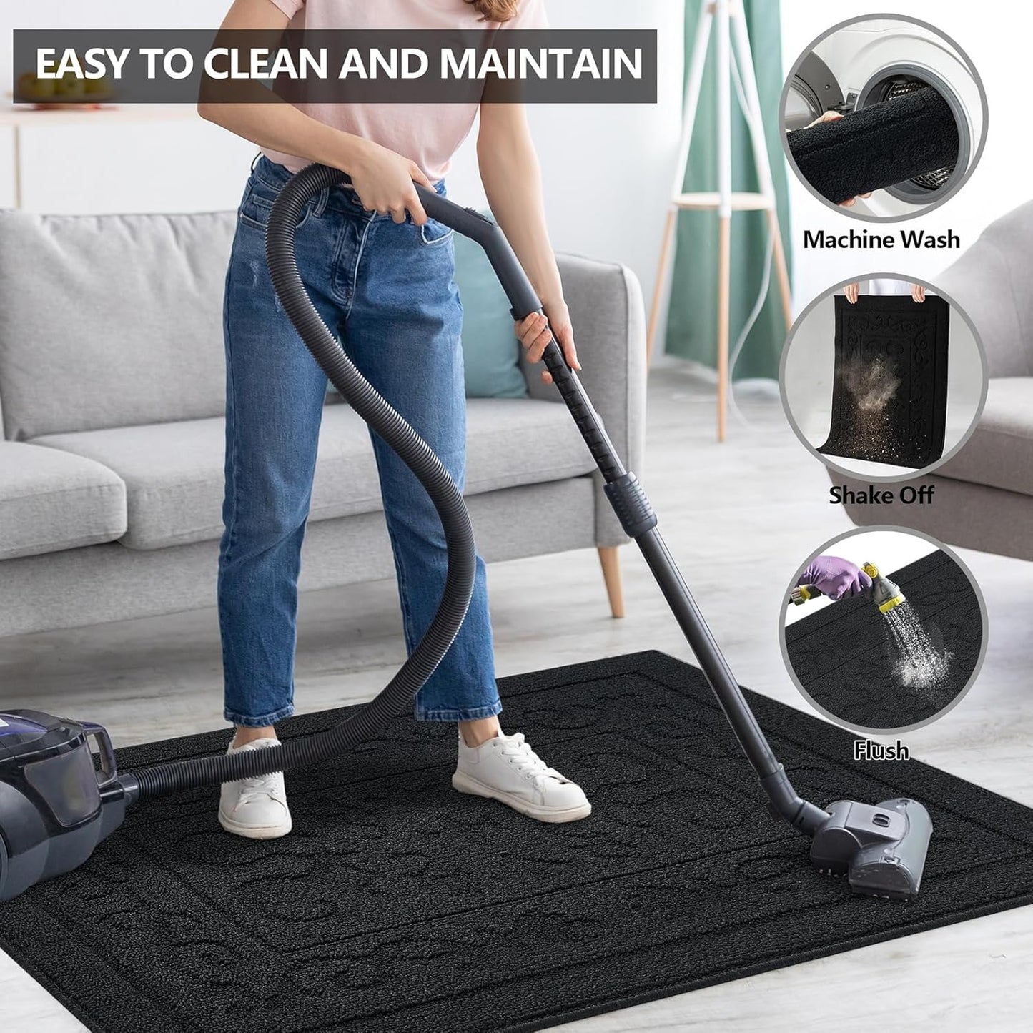 FONEYI Indoor Door Mat 32" x 40", Dirt Trapper Door Mats Non-Slip Entryway Rugs Washable, Absorbent Resist Dirt Welcome Mat, Low Profile Inside Floor Mats for Front Back Door and Entryway, Black