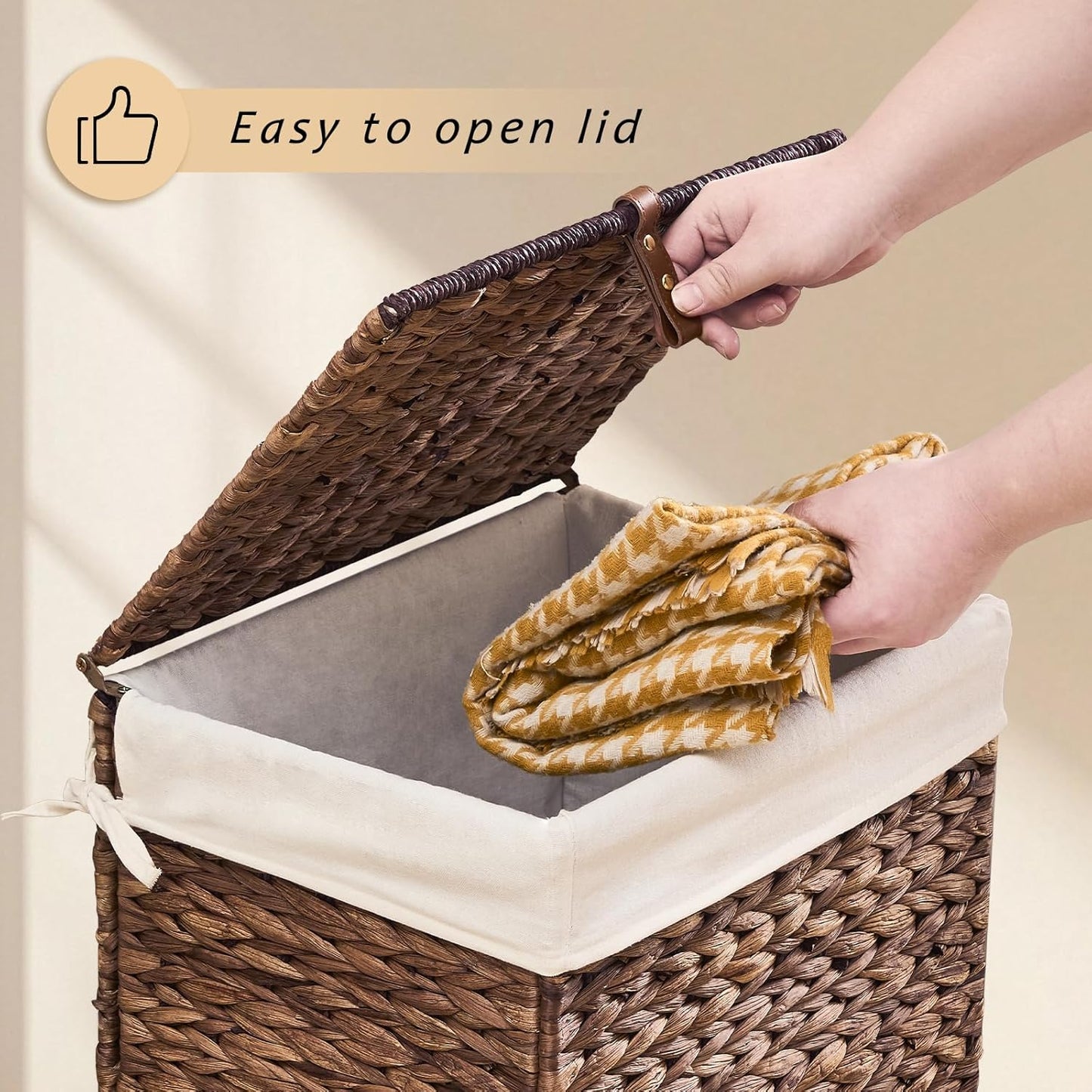 Handwoven Laundry Basket with Lid, Natural Water Hyacinth Storage Basket with Handle, Removable Cotton Liner, Durable and Stylish for Bedroom, Bathroom, Laundry Room