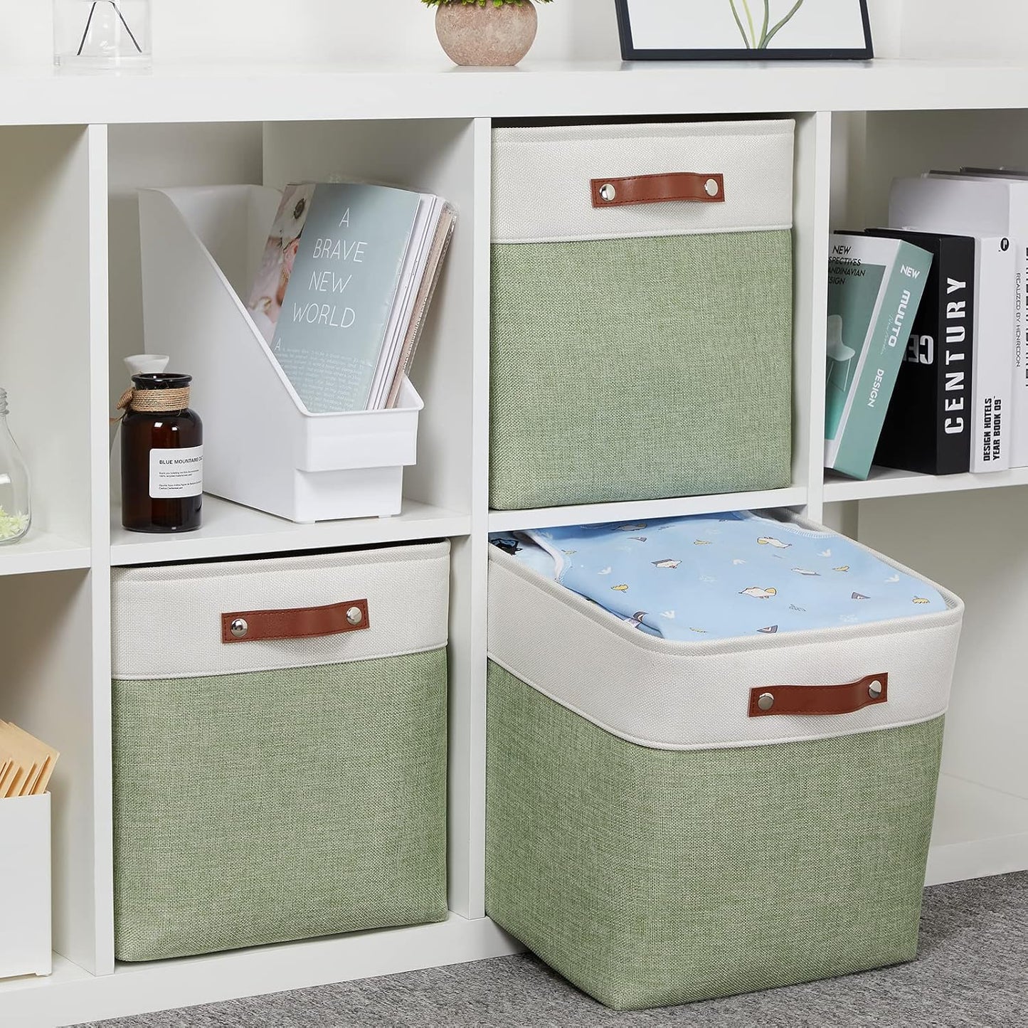 HNZIGE Foldable Storage Cubes & Baskets (3 Pack) - 13 Inch Storage Bin with Leather Handles for Toys, Clothes, Kids (White & Green)